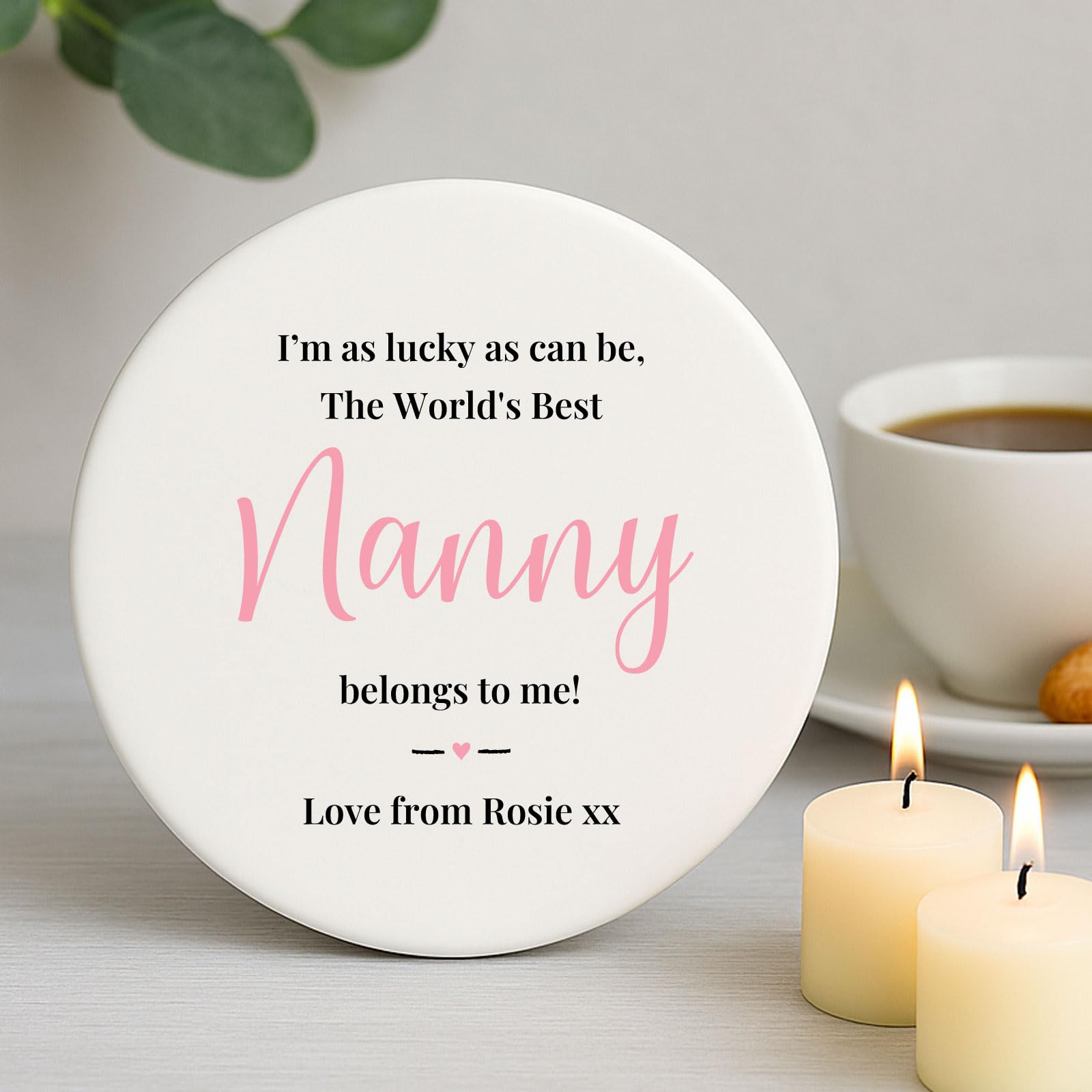 Luck And Luck White Personalised Porcelain Coaster – The World's Best Nanny Belongs To Me | Custom Gift For Nanny, Grandma Keepsake, Gift Idea