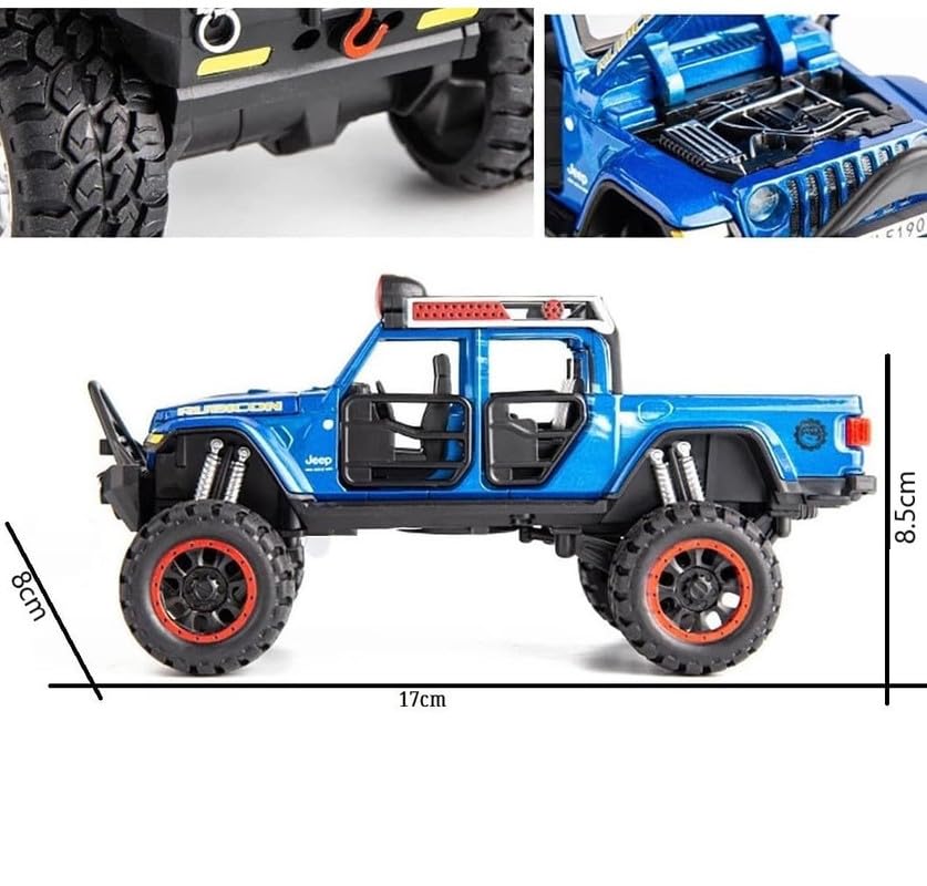Image of Kids Model 1:32 Rubicon Die Cast Metal Car Pull Back Action Opening Doors with Realistic Engine Sound Lights Toy Car Gift for Boys - Blue