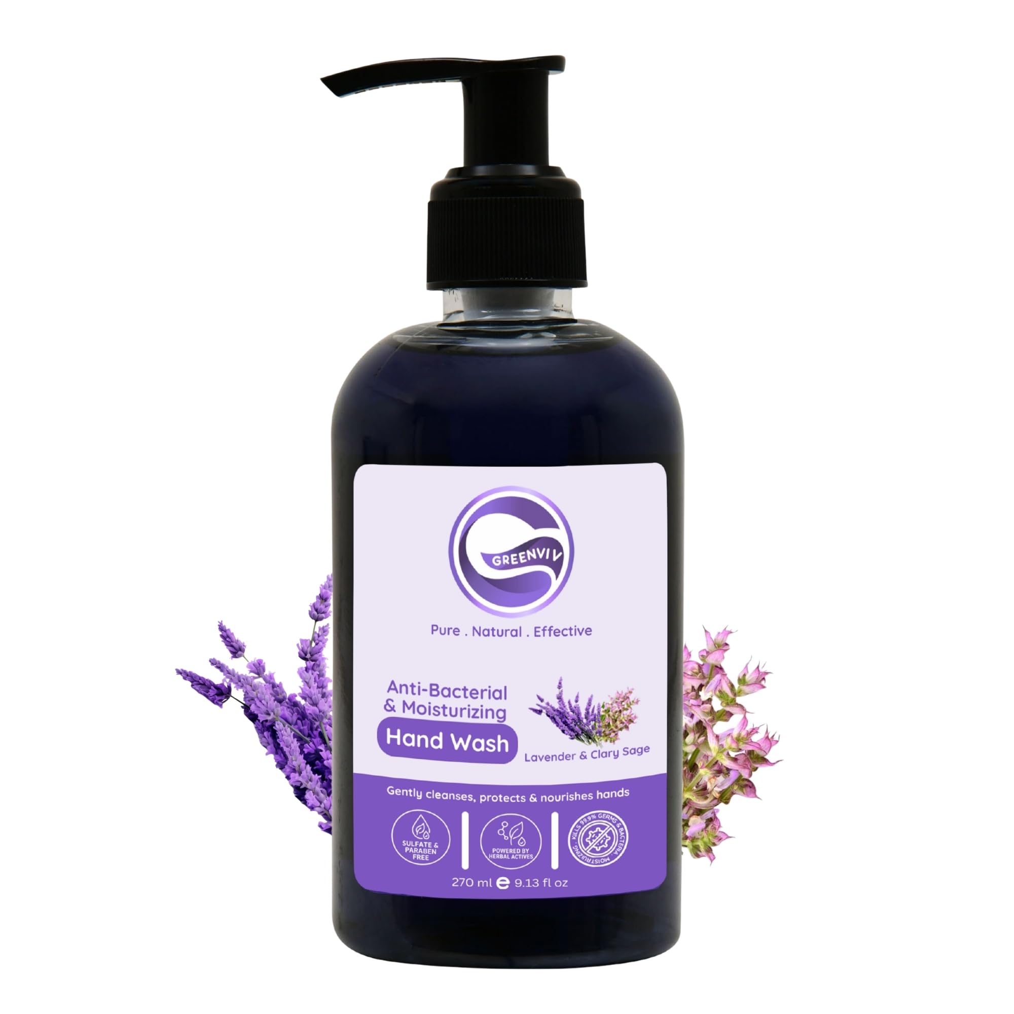 Greenviv Natural Handwash Liquid Lavender & Clary Sage, 270ML, Anti Bacterial Moisturizing Hand Wash