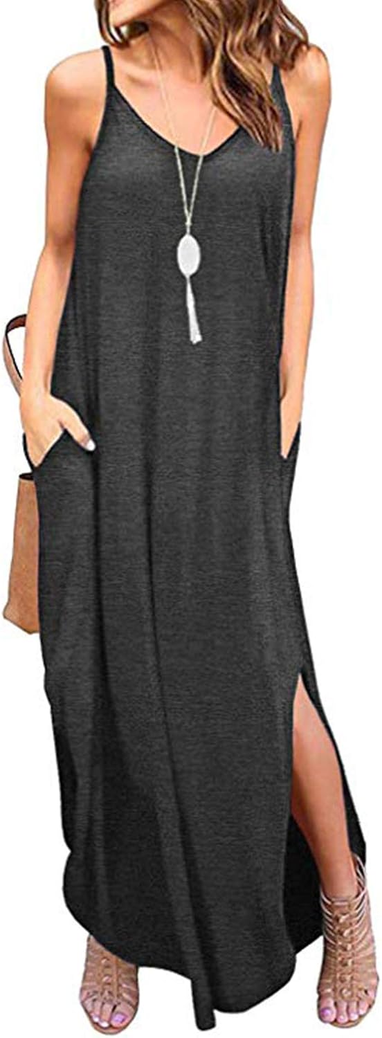 Kyerivs Women's Summer Casual Loose Long Dress Beach Cover Up Cami Maxi Dresses with Pocket