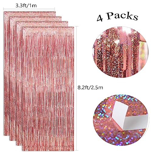 Image of 4 Pack Rose Gold Fringe Backdrop 12.8x8.2 Feet Sparkle Metallic Tinsel Foil Fringe Curtain, Rose Gold Backdrop Curtain Door Streamers for Birthday Bachelorette Graduation Christmas Party Decorations