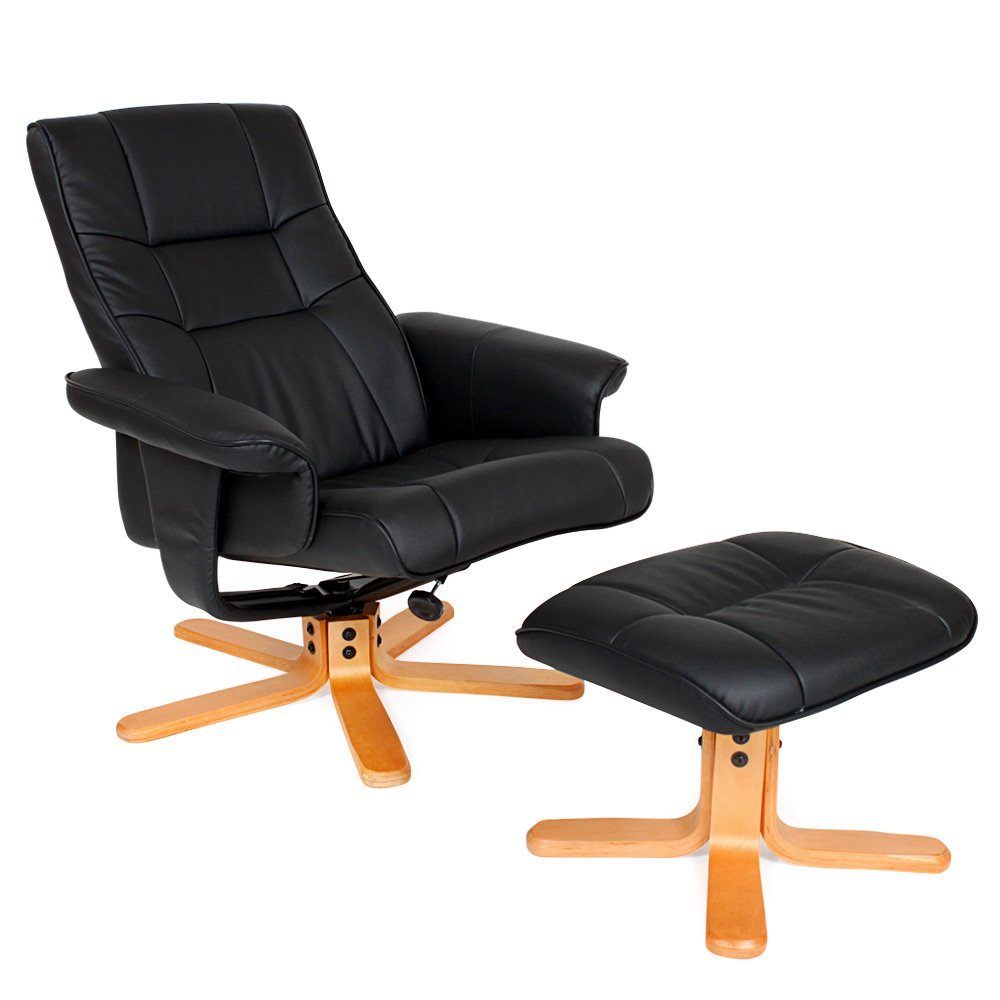 tectake® Poltrona TV Relax Reclinabile, Poggiapiedi, Ecopelle, Schienale Regolabile, Imbottitura Confortevole, Girevole a 360°, Piedini in Legno Robusti, 95x78x75-100 cm - Base a Croce, Nero/Beige