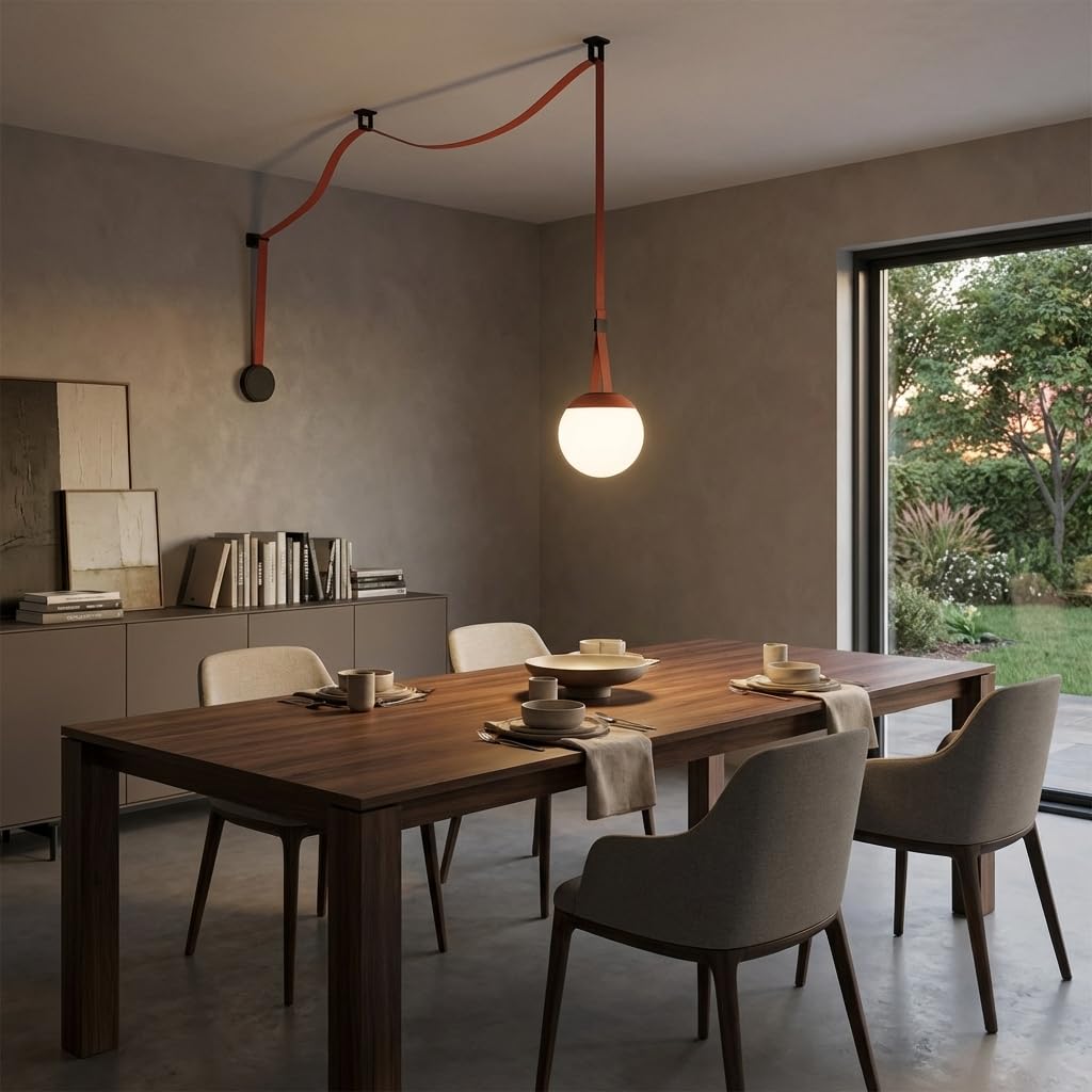 BARCELONA LED Axia 4 Lámpara Colgante LED Bola Opal 12W con Cinta Textil Conductora Color Ladrillo 5m, Gran Lámpara Colgante de Diseño Artístico y, Sistema Iluminación Configurable 2700K