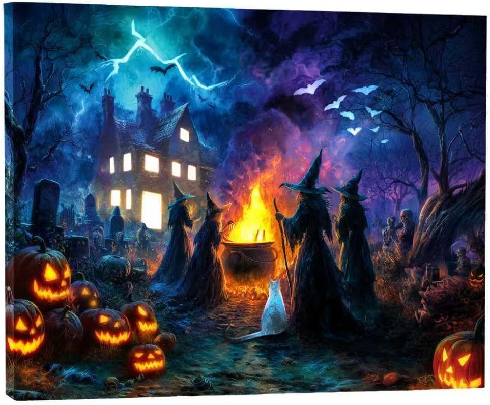 Halloween LED Wall Art 20x16 Inch-Haunted Home Gift, Lighted Canvas Decor with Pumpkin Haunted House Witch & Skull, Battery Powered with Timer, Spooky Indoor Decor for Halloween Party