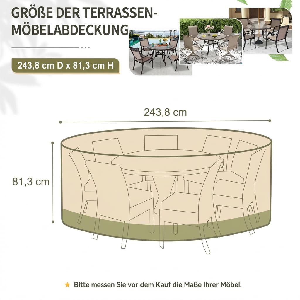 COWVIE Runde Möbelabdeckung für Terrassen-Essgarnitur für Tisch und Stühle im Freien, 600D wasserdichte und UV-beständige Stoffabdeckung für Terrassenmöbel mit Stauraum und Belüftungsöffnung