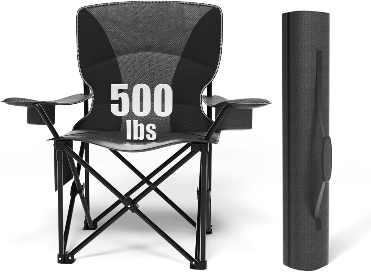 Heavy Duty Folding Chair 500LB Capacity, Oversized Camping Chairs with Cup Holder, Cooler Bag & Storage Pouch, Double-Layer Fabric, Outdoor Chairs for Sports, Lawn Chairs (1, Black Grey, Oversized) Oversized Black Grey 1