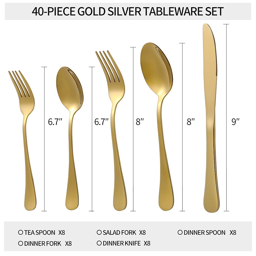 Xingjiake Gold Silverware Set 40 Piece, Flatware Cutlery Set For 8, Stainless Steel Gold Forks And Spoons Silverware Set, Kitchen Utensils Set, Dishwasher Safe view 2