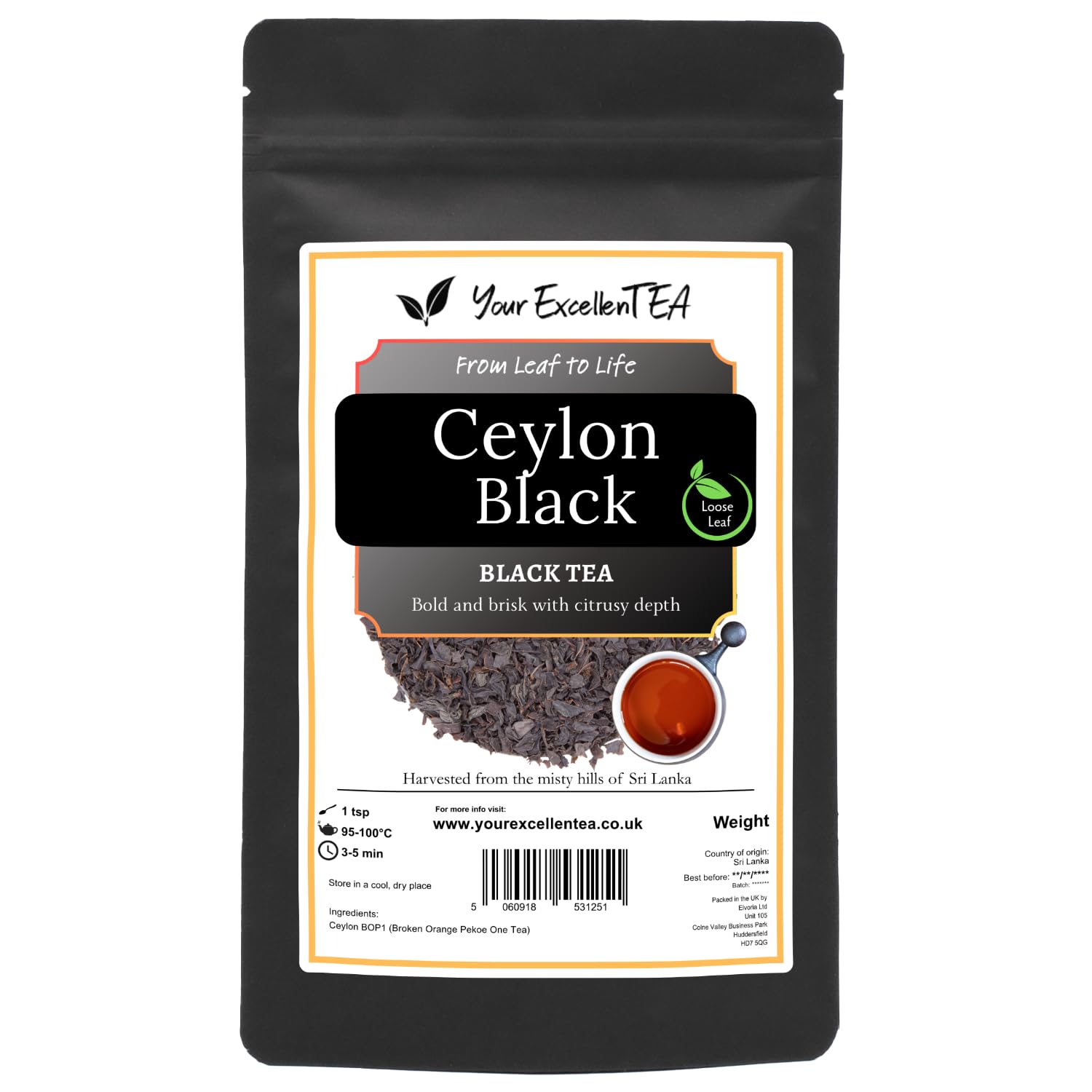 Ceylon Tea Black Loose Leaf Tea (100g) - Broken Orange Pekoe Sri Lanka Leaves Malty Golden Premium Mild Smooth Classic Full-Bodied Flavourful Long Lasting Freshness Closed in Resealable Pouch