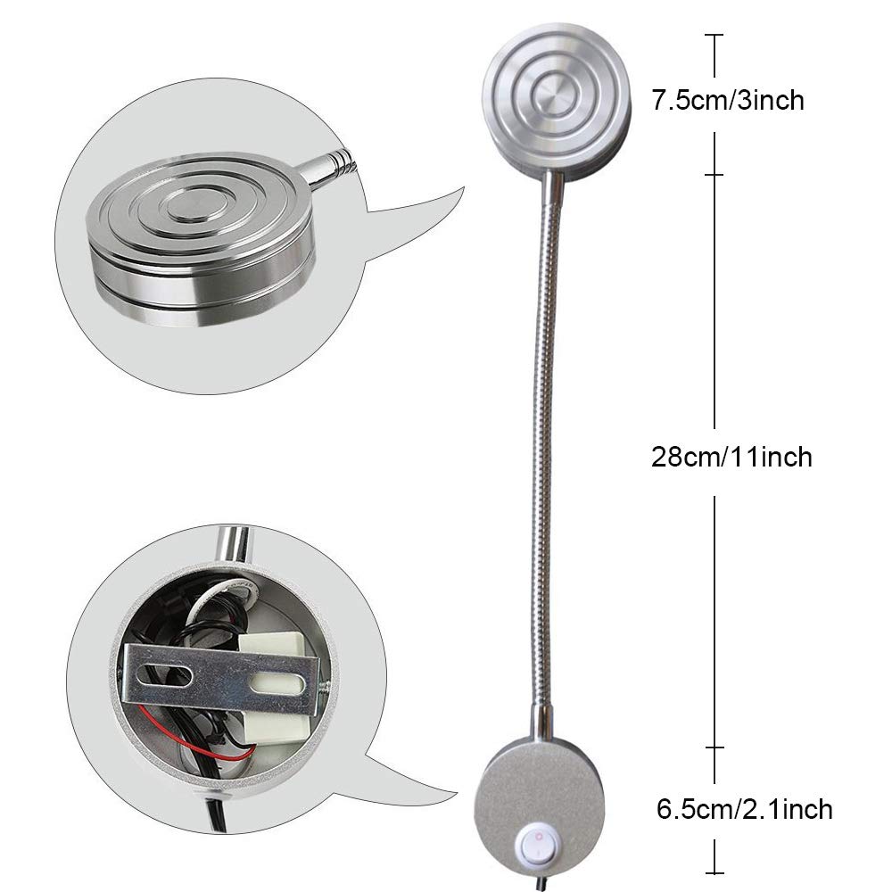 Youngine EU Plug Leselampe, flexible 5W LED Leselampe mit EIN/AUS-Schalter und Stecker, Schwanenhals Nachttischleuchte für Schlafzimmer Büro Hotel, 6000K (Silber-kühles Weiß)