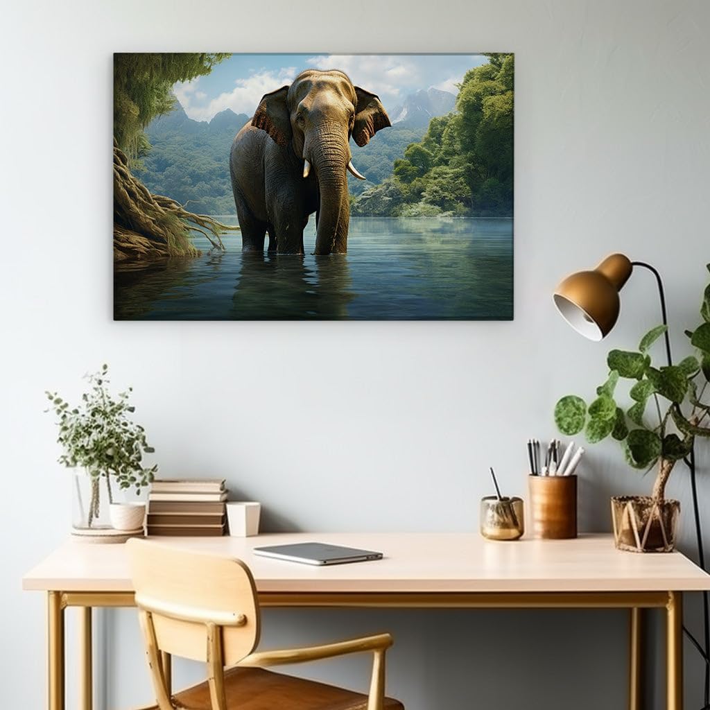 Canvas for Living Room. Majestic Elephant Enjoys Serene Waters Amidst Lush Greenery, 27 x 18 inch Canvas Wall Art - Contemporary Masterpieces - Nature Home Decor