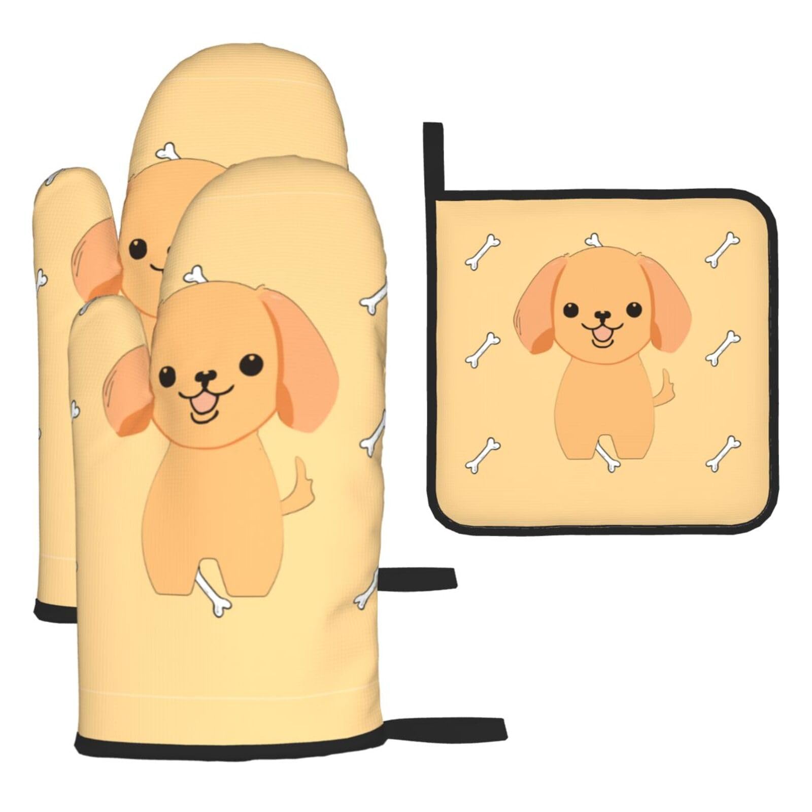 cartoon cute puppy Oven mittens and oven mitts three-piece set suitable for oven, grilling, baking, microwave and home cooking.