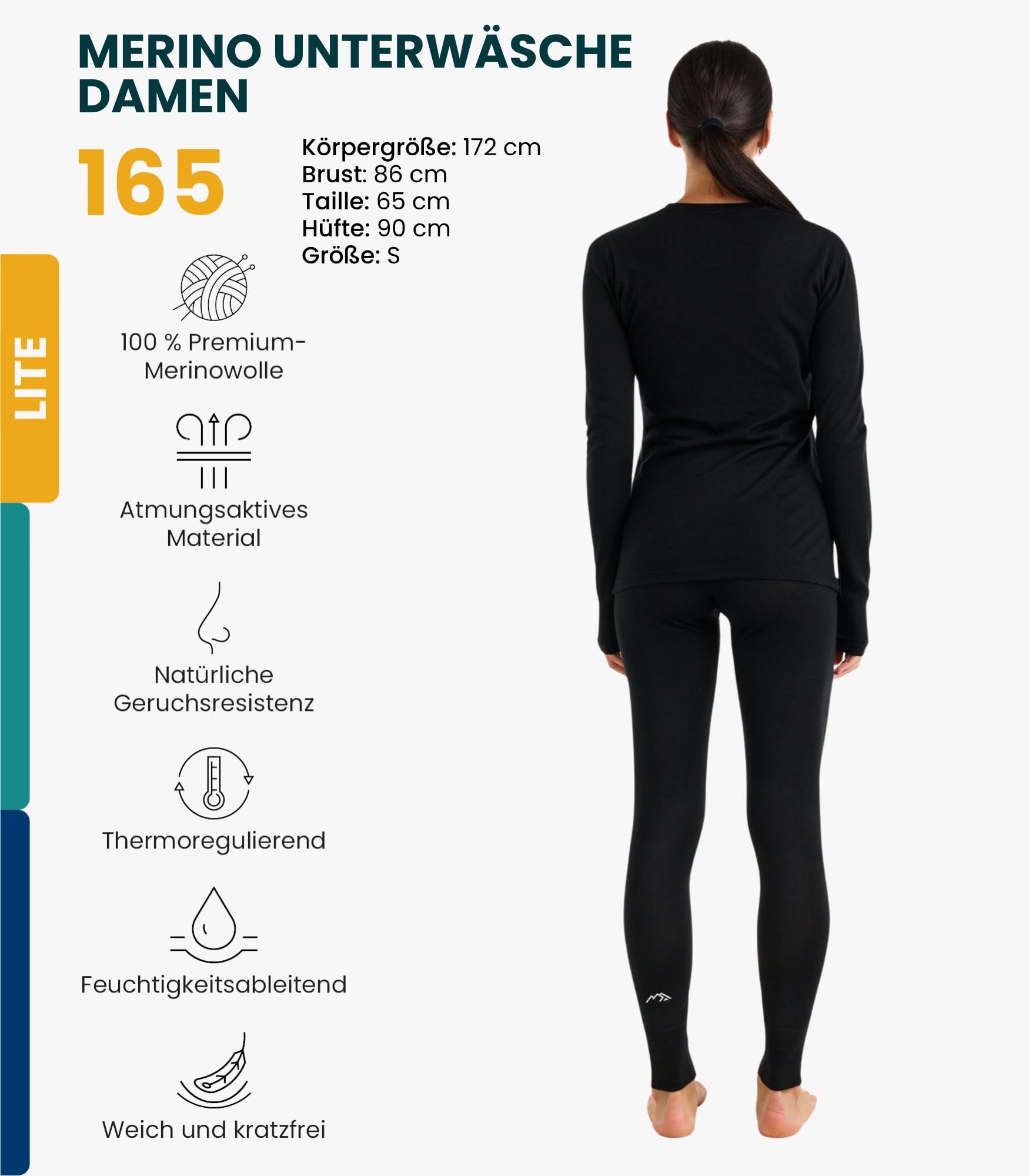Merino.tech 100% Merino Unterwäsche Damen Set - Leicht, Mittelgewicht, Funktionsunterwäsche Merinowolle, Langarm Shirt und Hose + Wandersocken aus Merinowolle