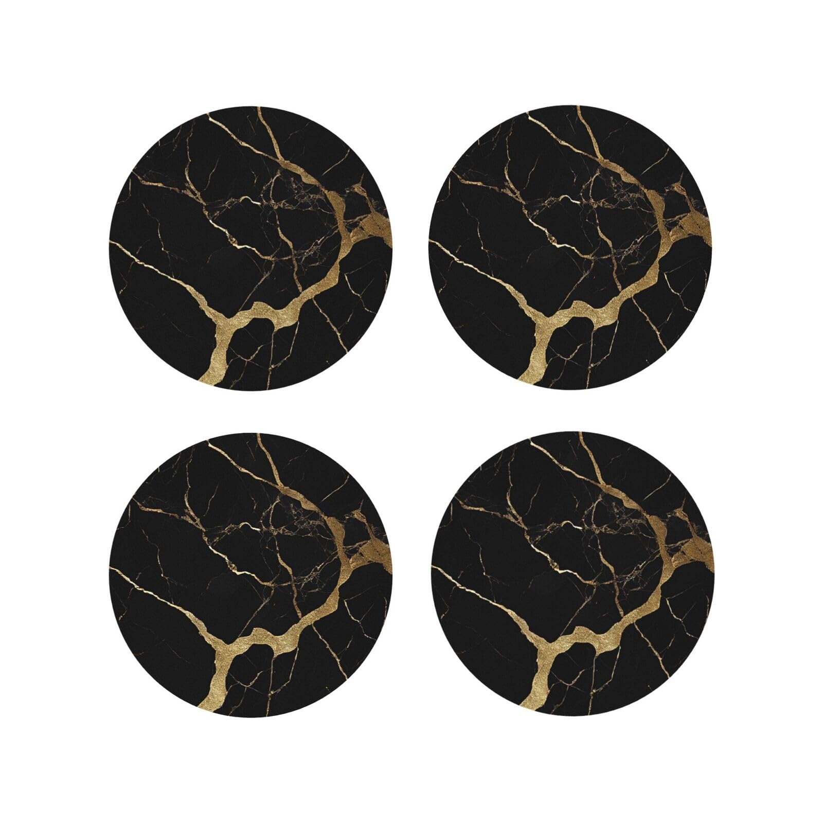 Lhfiohirg Round (Black Gold Marble) Drink Coasters Set Of 4 Non-Slip Leather Coasters For Cups Mugs Glasses Tabletop Protection For Home Office Bar