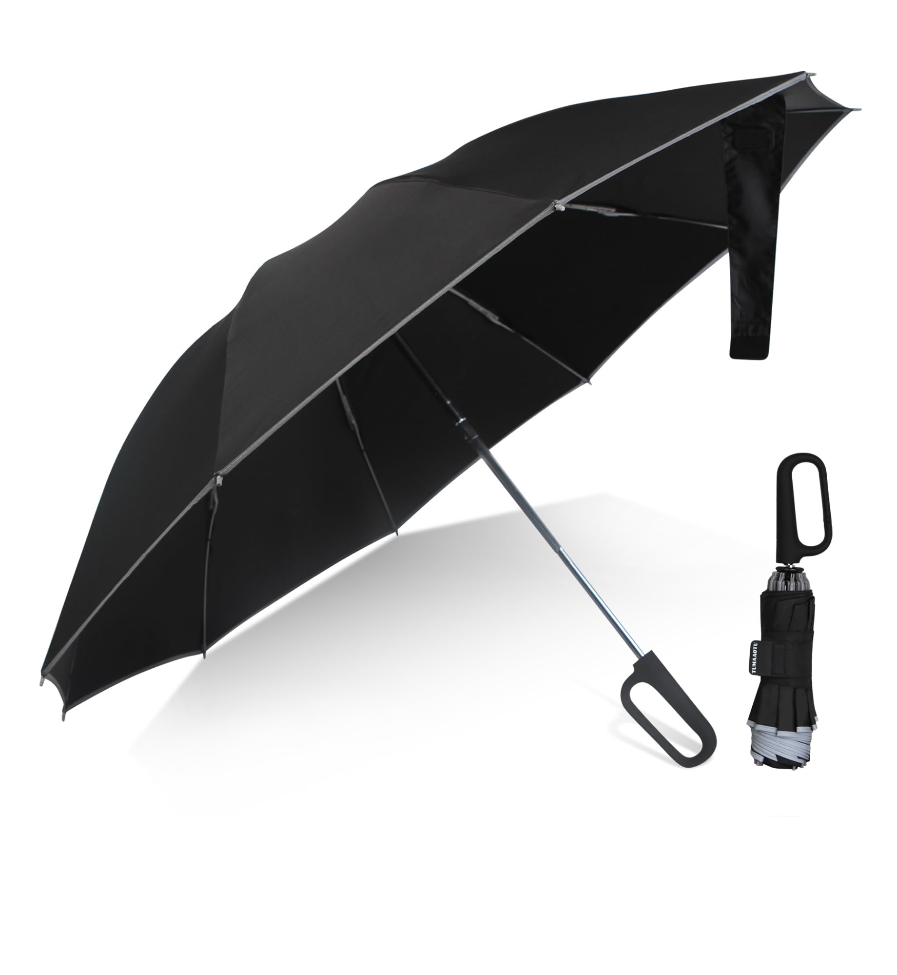 Compact Inverted Umbrella with Never Forget Carabiner Handle - Travel Umbrella Windproof Strong, Automatic Umbrellas for wind rain, Auto Open Close, 10 Rib Durable Frame for Women Men (UV Black)
