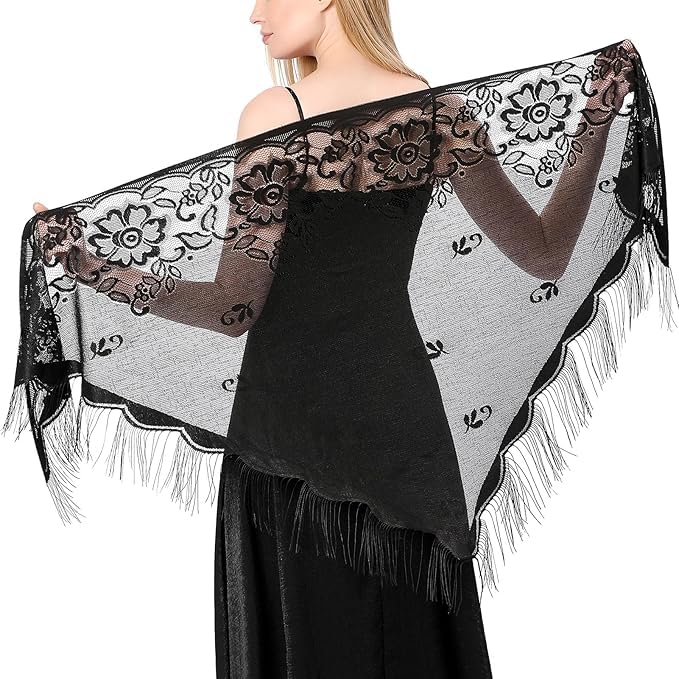 Black Floral Design Triangle Lace Stole and Wraps for Evening Dresses with Tassels for Evening Party Mesh Wedding Shawls for Summer