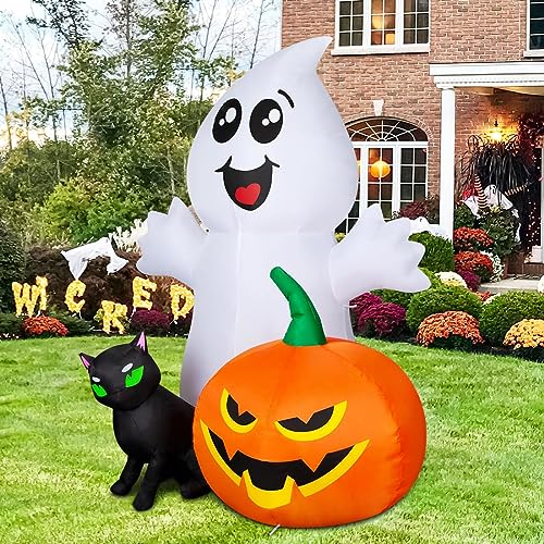 COMIN Halloween Inflatable 5FT Ghost with Black Cat and Pumpkin, Built-in LEDs Blow Up Yard Decoration for Party Outdoor Yard Garden Lawn4