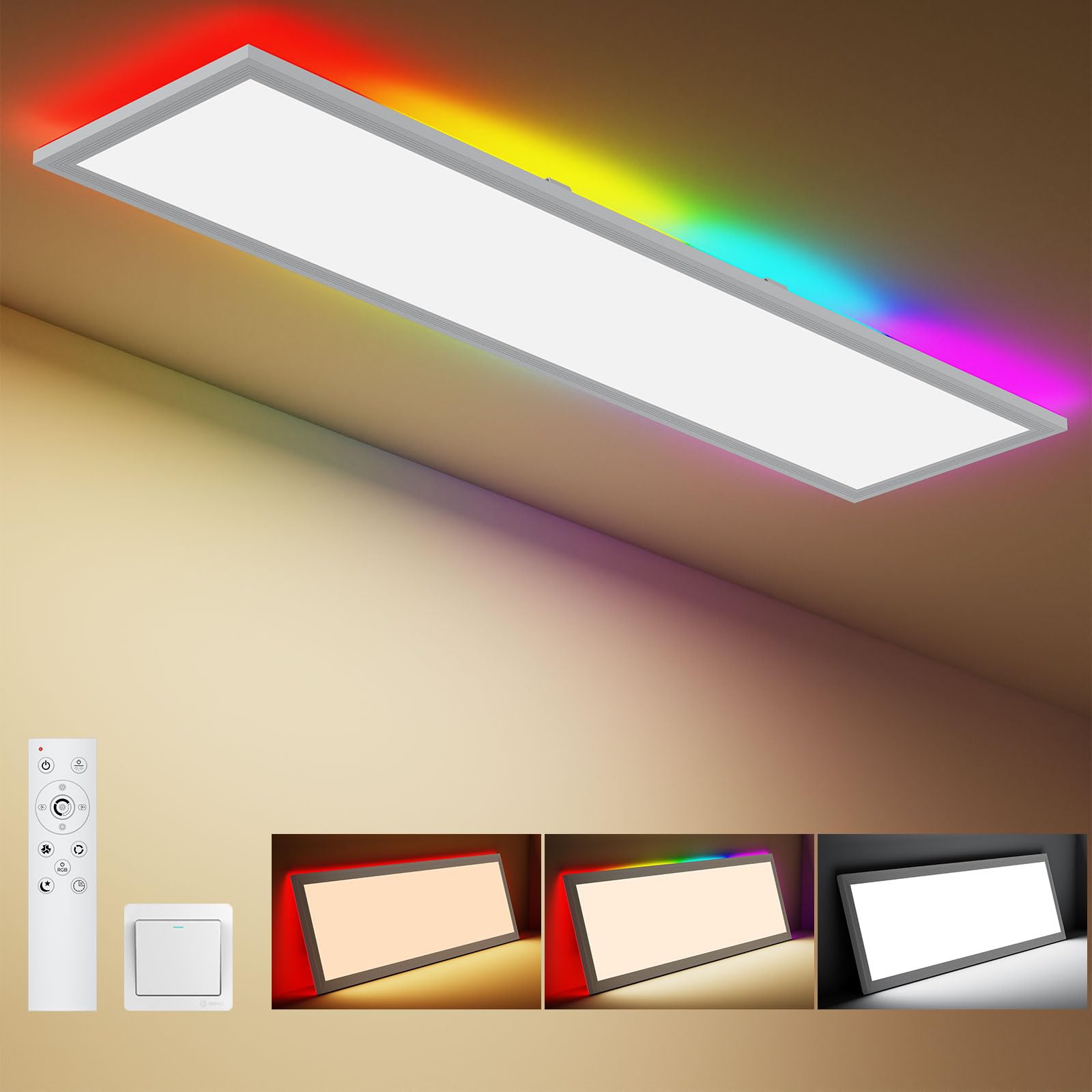 Amdelne LED Panel Deckenleuchte 100x25cm, 3000-6500K Deckenleuchte Dimmbar, 30W Deckenlampe Lang Flach mit Fernbedienung Nachtlicht Memory-Funktion für Wohnzimmer Schlafzimmer Badezimmer Büro küche