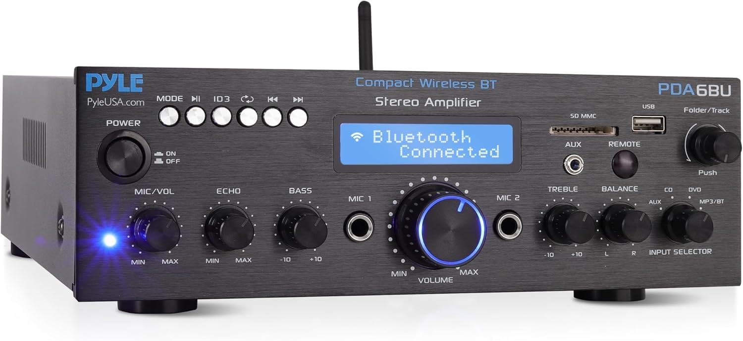 Pyle Wireless Bluetooth Power Amplifier System - 200W Dual Channel Sound Audio Stereo Receiver w/USB, SD, AUX, MIC IN w/Echo, Radio, LCD - For Home Theater Entertainment via RCA, Studio Use - PDA6BU