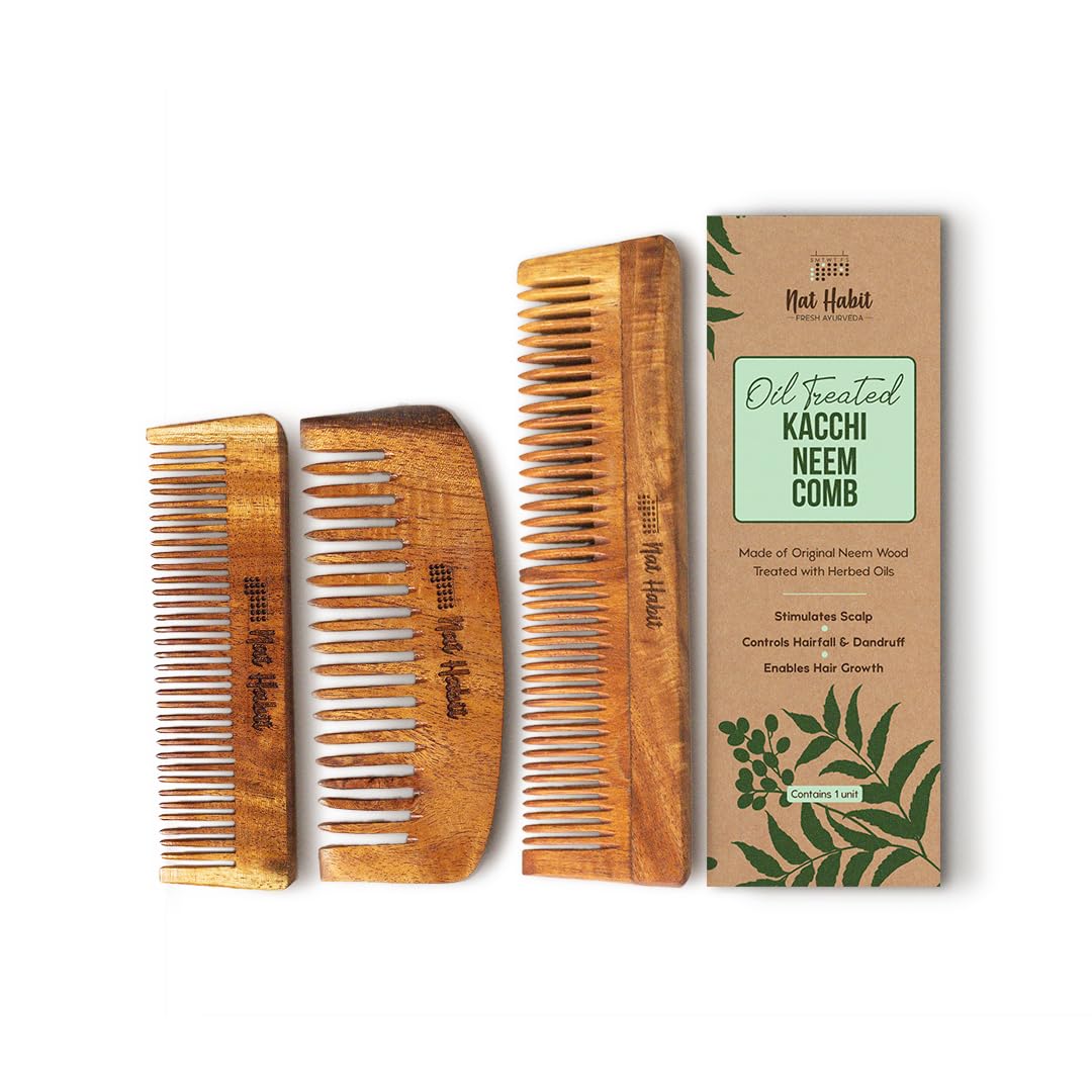 Nat Habit Kacchi Neem Wooden Comb - Soaked In 17 Herbs, Neem & Sesame Oil - Pocket-Sized For Voluminous Hair, Men & Kids Short Hair, Combo (Bouse Comb, Pocket Fine & Dual Tooth)-picture-22