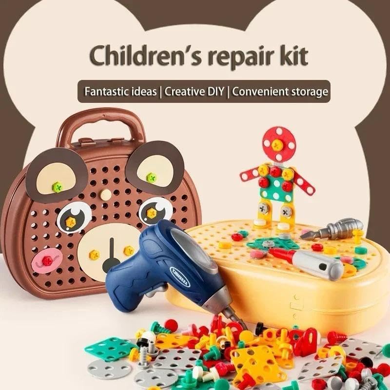 Image of Creative Toolbox with Toys Electric Drill Screwdriver Tool Set Creative Mosaic Puzzle Toy - 203 Pieces Electric Drill Toy & Rainbow Fasteners, STEM Building Set for Kids 3+ Years Old (Multicolor)