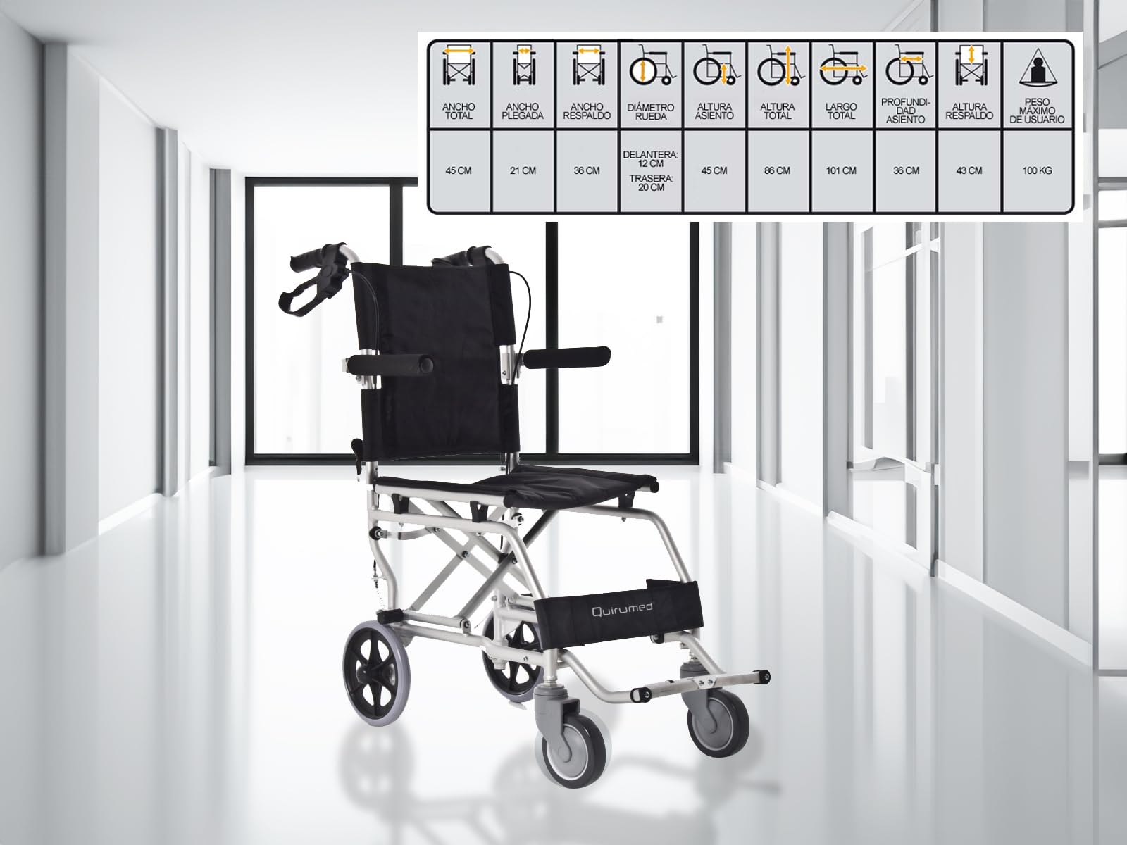 QUIRUMED Silla de ruedas de aluminio para viajes, Silla de ruedas de tránsito, para traslado, Asiento 36 cm, Ligera, Plegable, Apoyabrazos y reposapiés reclinables