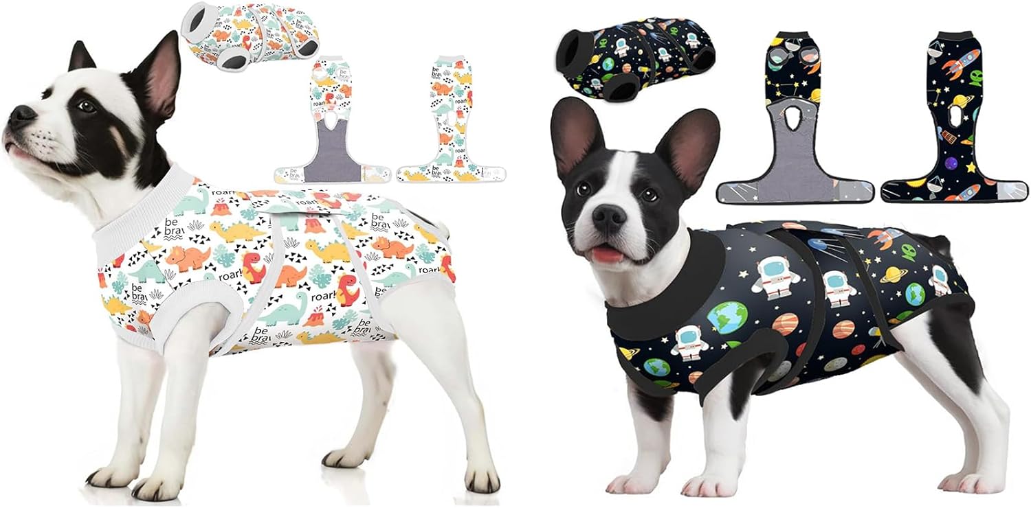 PetWarm Recovery Suit for Dogs, Dinosaur Pattern, White and Satellite Pattern, Black, XS