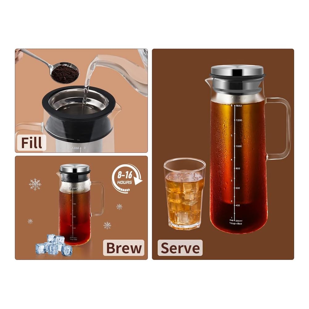 Cold Brew Macchina da caffè 36OZ in vetro e acciaio con filtro a rete fine a doppio strato