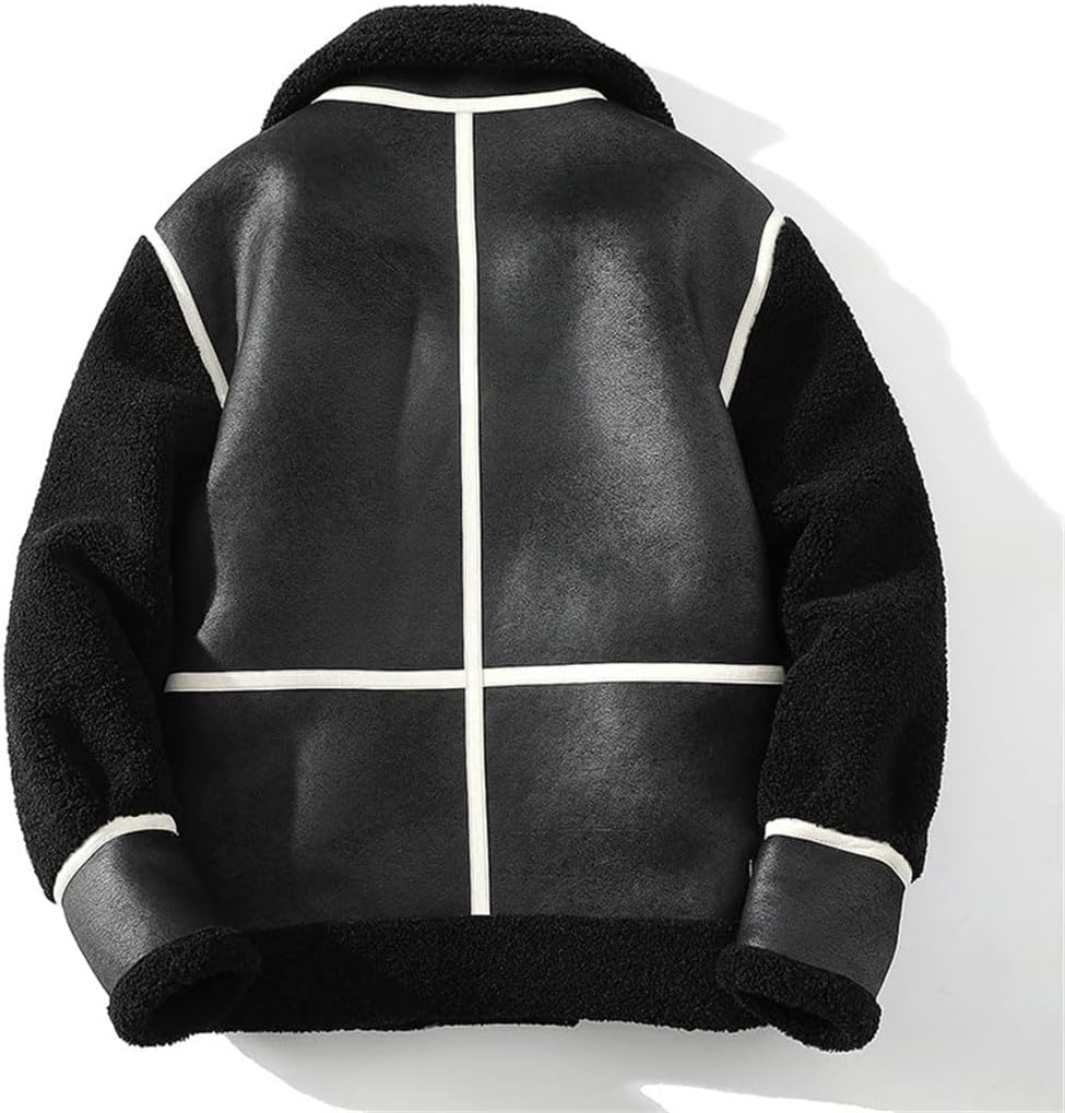 Men Leather Plus Size Jacket Thick Heavy Outwear Faux Lamb Wool Fur Buckles Patchwork Coat