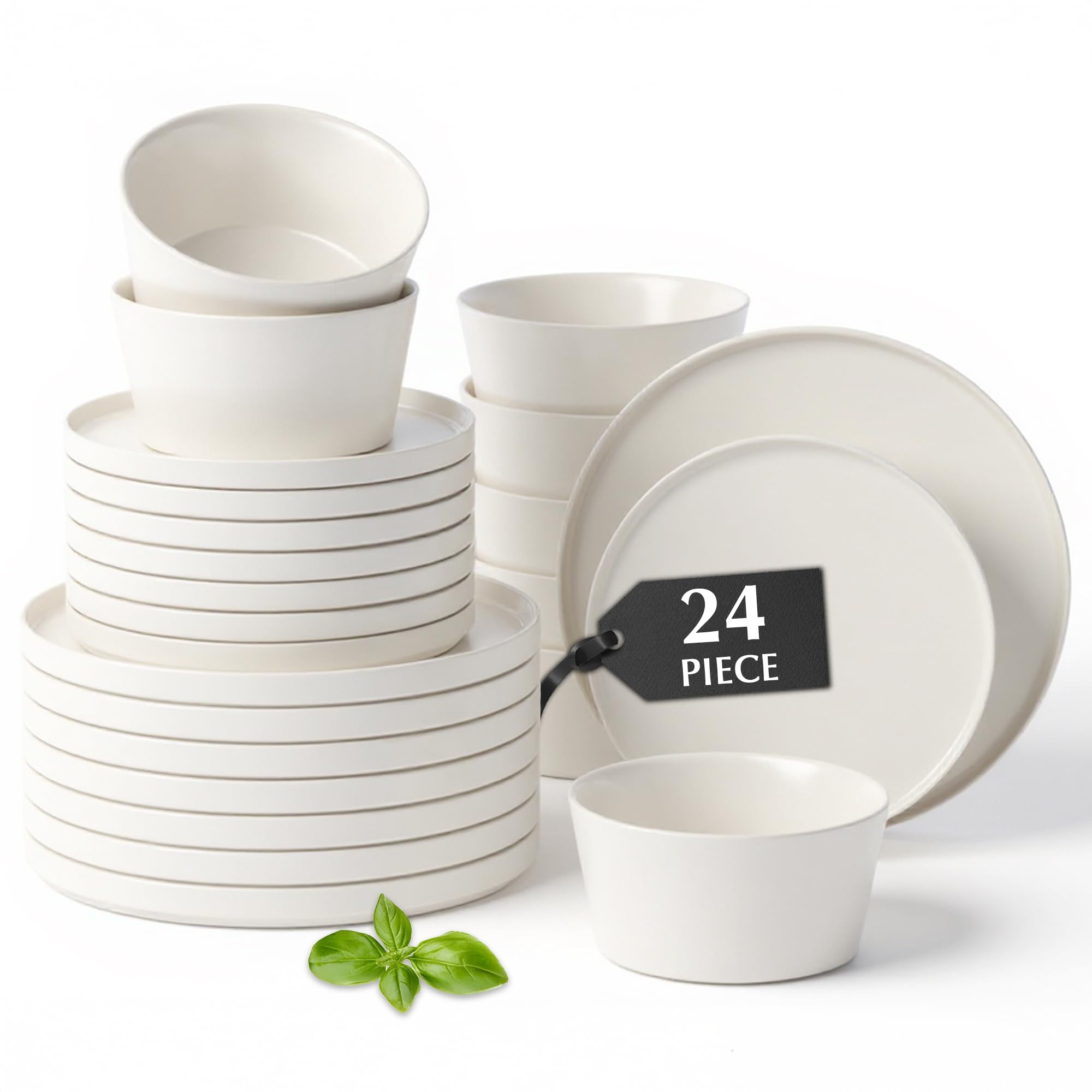 MIAMIO - Dinnerware Sets for 8/24-Piece Modern Stoneware Dish Set/Tableware โ Dishwasher and Microwave Safe โ Luxe Collection (White, Dinnerware Set 24x)