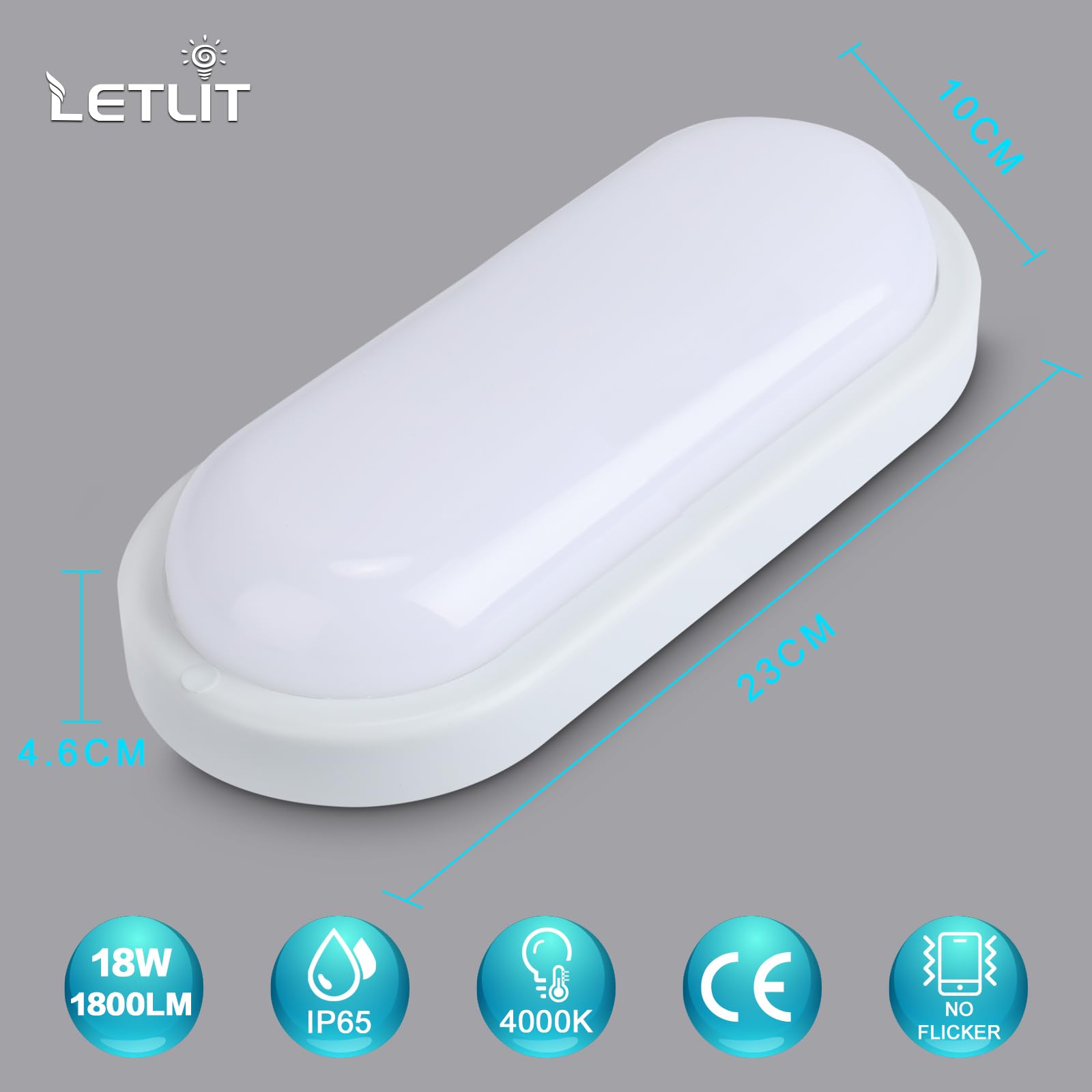 Letlit 18W LED Wall Light Outside, IP65 Bathroom Bulkhead Light, LED Ceiling Light, 1800LM 4000K Porch Light for Indoor - Image 2