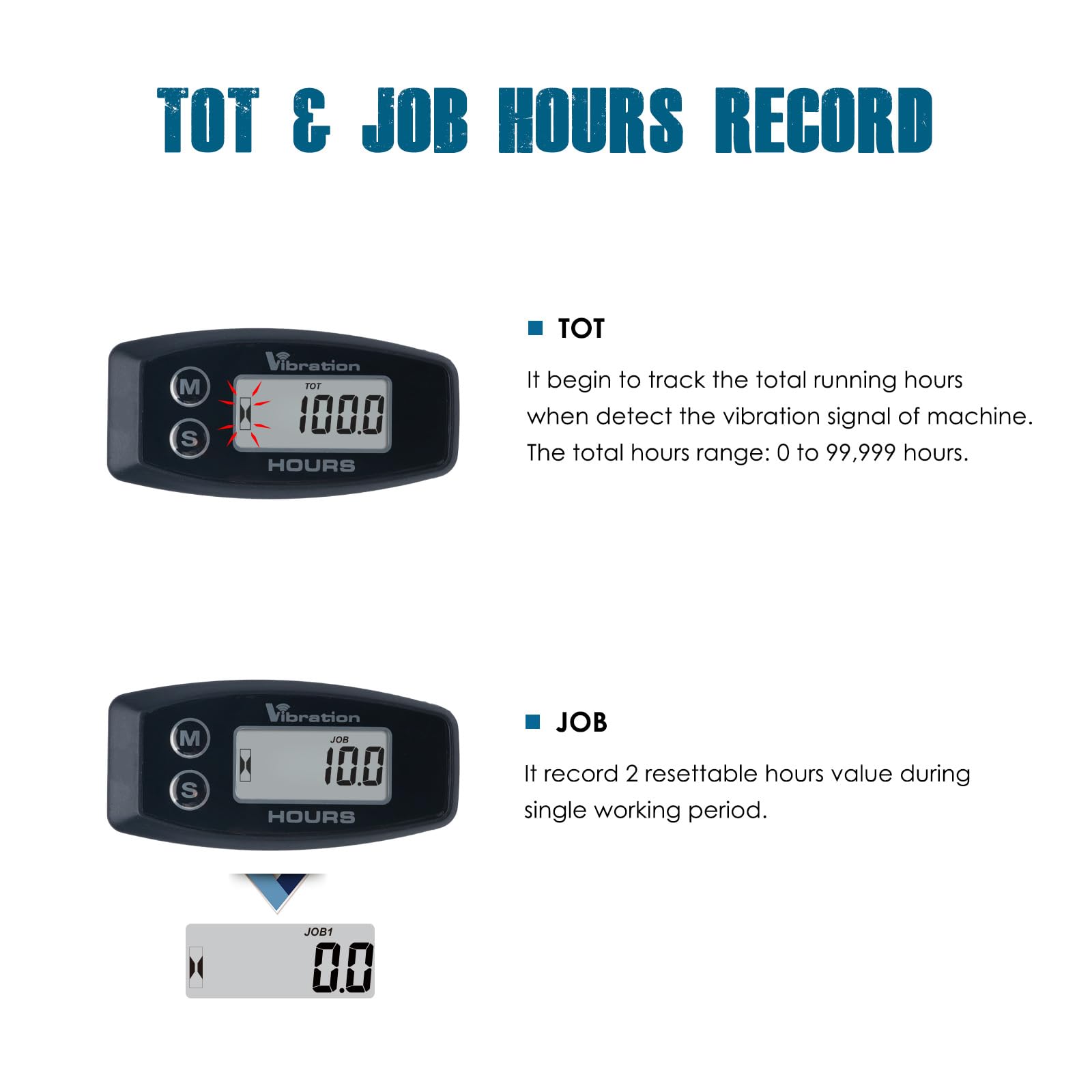 Runleader RL-HM015V Contatore Ore a Vibrazione Cordless, Contatore Digitale Sensibilità Regolabile con Promemoria Manutenzione, IP67 Impermeabile per Tosaerba, Generatore, Moto