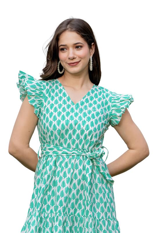 Leaf Printed Flared Calf Length Dress for Women | Women Midi Dress-picture-59