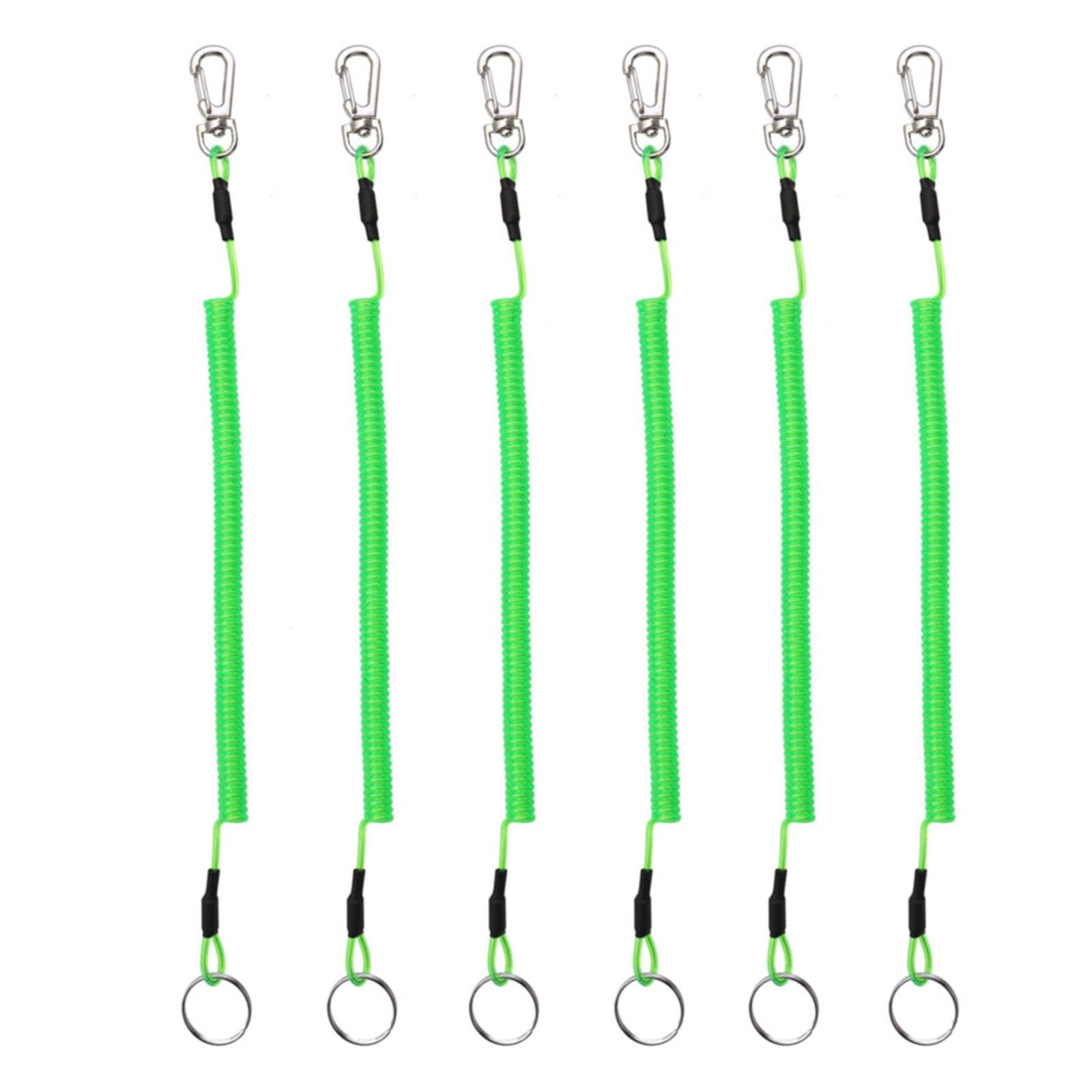 6PCS Fishing Lanyard Spiral Keyring Heavy Duty Retractable Coiled Tether with Carabiner and Split Ring for Pliers, Boating, Tools, Green