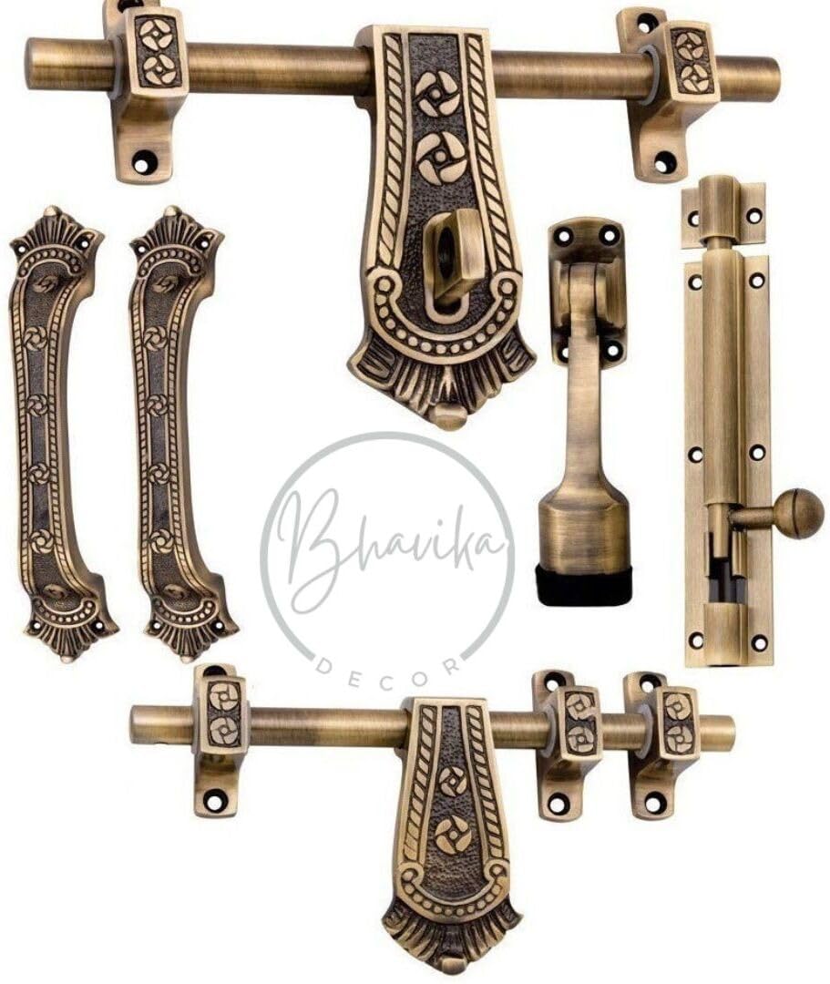 Heavy-Duty Door Lock Set - Main Door Lock Handle Set, Brass Lock Body Latch/kundi/chitakni/Chitkini (Maharaja - Brass Antique)