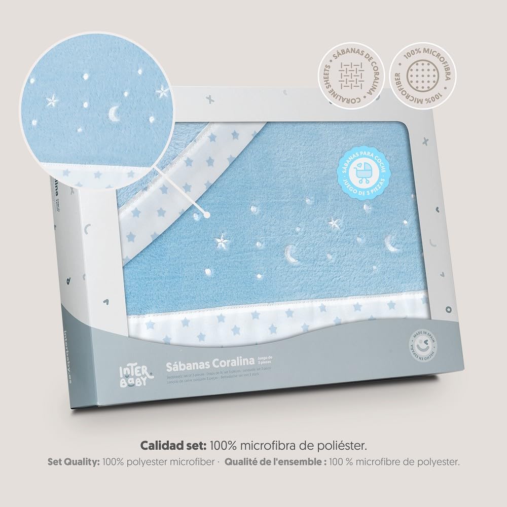 Interbaby - Parure de draps pour Poussette 40 x 80 | Drap Polaire Corail Chaud | Comprend Un Drap-Housse, Un Drap de Dessus et Une taie d'oreiller | Idéal pour l'hiver | Étoiles et Lune
