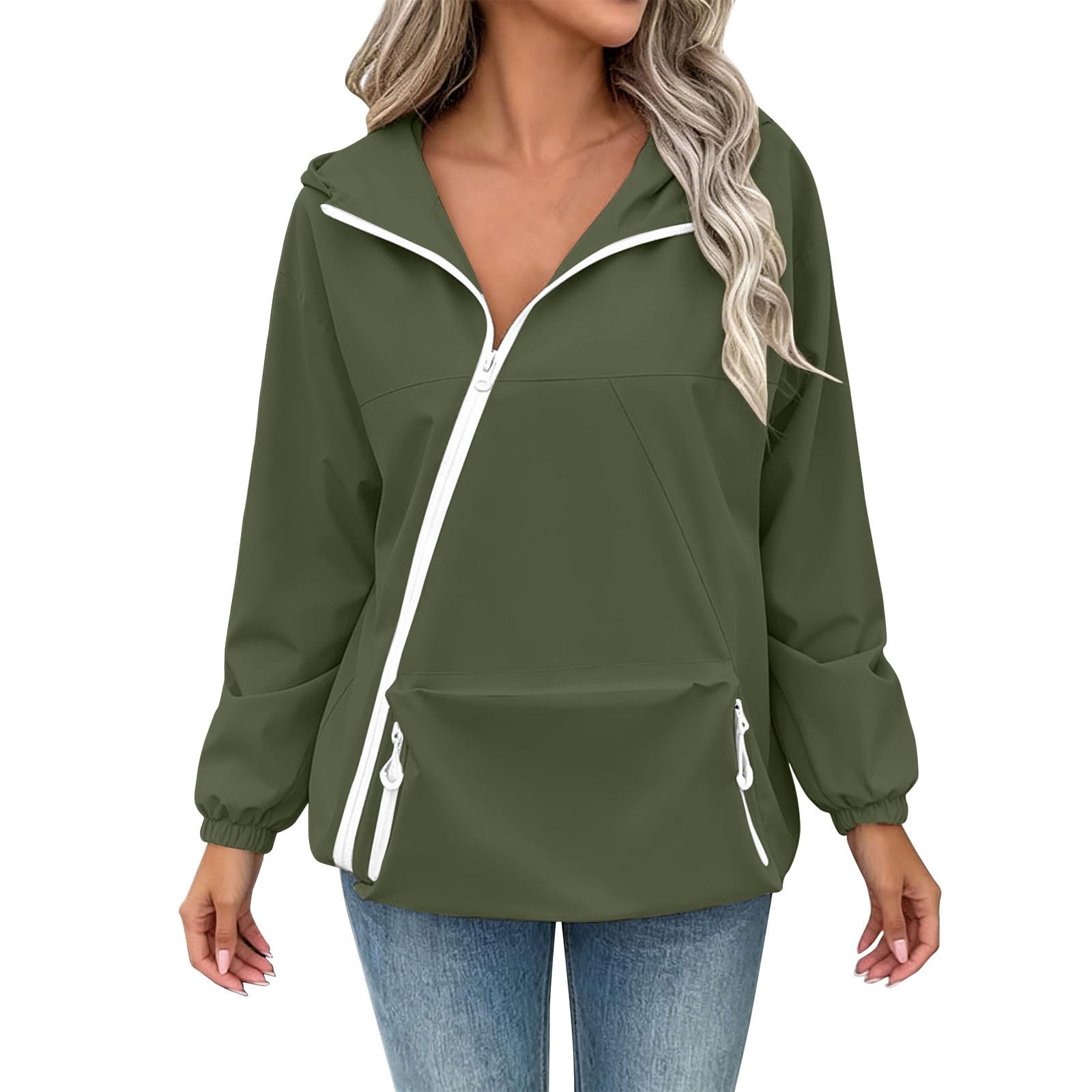 Veste Imperméable Femme Zippé Coupe Vent Avec Capuche Ciré Veste À Capuche Légère Manteaux Fine Décontracté Ample Parka Imperméable Avec Poches Pour Randonnée Camping Cyclisme
