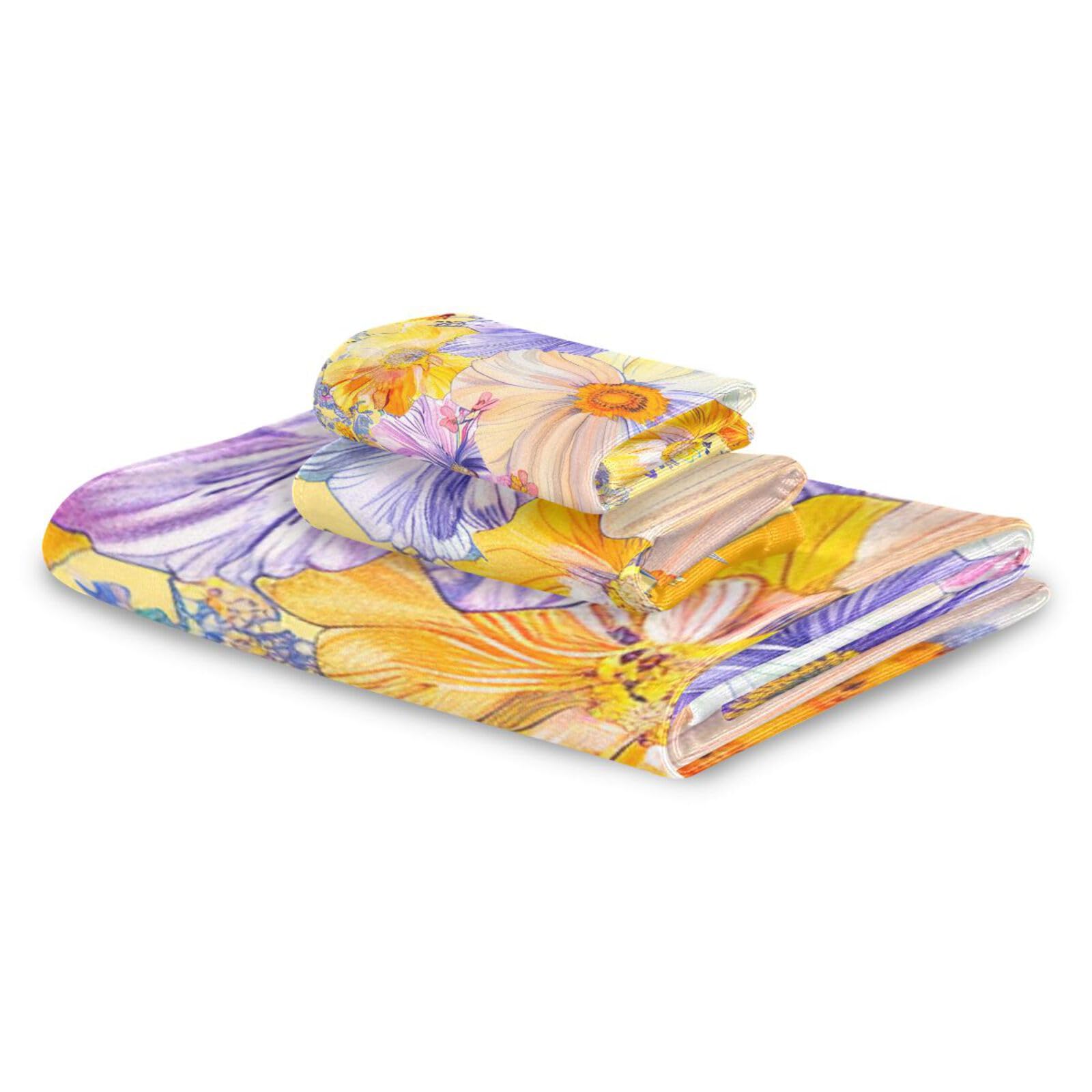 Set di 3 asciugamani morbidi per il viso in stile bohémien, con fiori e fiori gialli luminosi, 1 asciugamano da bagno, 1 asciugamano da bagno, 1 asciugamano, 1 asciugamano, per casa, cucina e famiglia