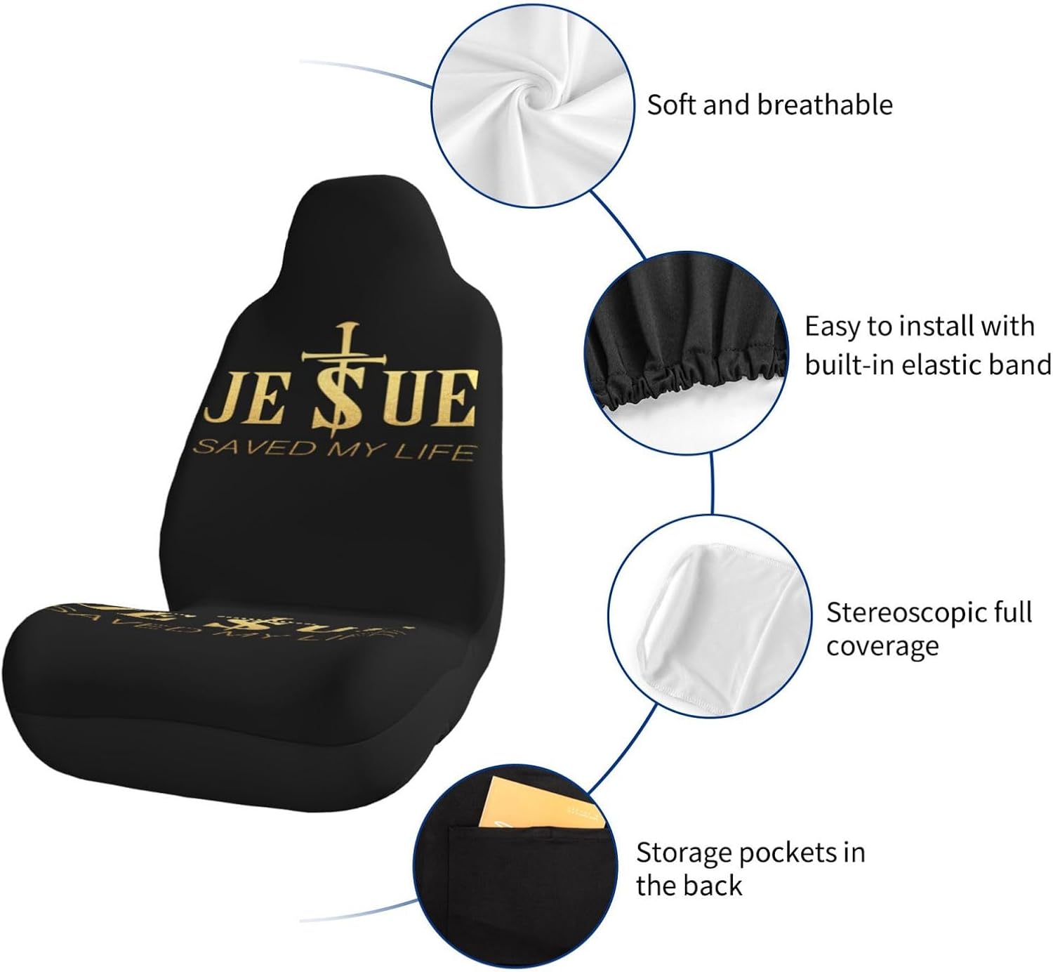 Religious Christian Faith Jesus Saved My Life Gold Car Seat Cover Car Seat Covers Full Set High Back Stretchy Bucket Seat Cover in Front 2 PCS