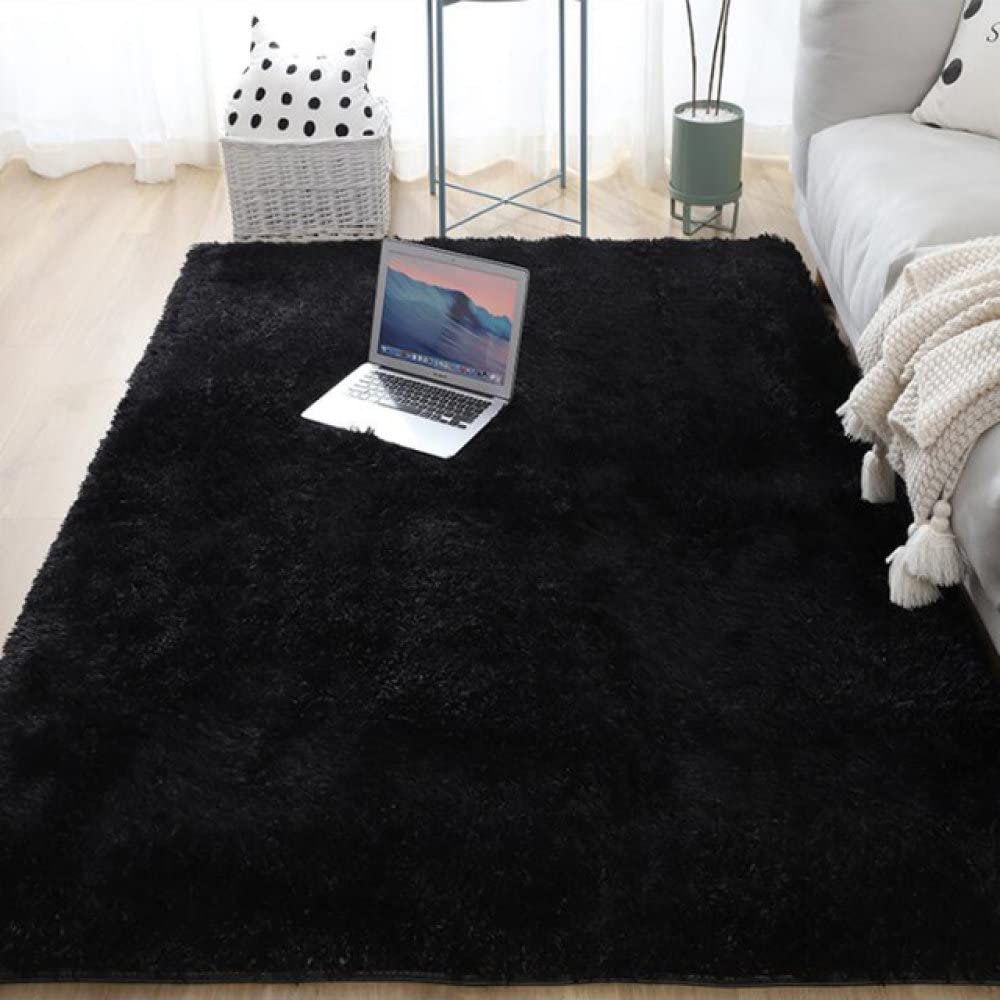 Tapis de chambre à coucher rectangulaire en peluche noire douce 160x200cm