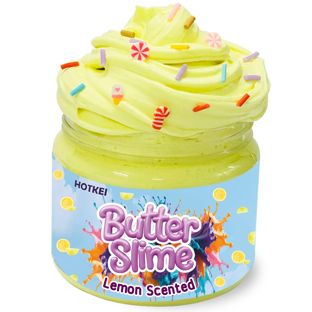 HOTKEI Yellow Colored Lemon Scented Butter Slime for Kids 3 to 10 Years Kit Set with Sprinkles Candy Charms Soft Stretchy Toy Slime Birthday Return Gift Toys for Kids Boys Girls Birthday