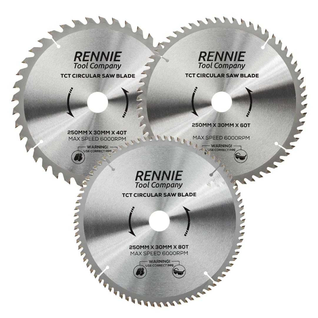 (PACK OF 3) 250mm x 30mm x 40T 60T & 80T TCT Circular Wood Saw Blades Includes 25mm 20mm & 16mm Bore Reduction Rings. Compatible with Bosch Makita Dewalt Circular Saw Etc. Fits 255mm Circular Saws