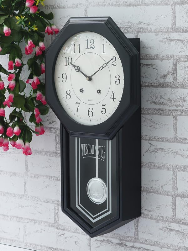 Image of CHRONIKLE Classic Vertical Analog Wooden Musical English Numbers Pendulum Chime Wall Clock for Living Room Home Decor Office Gifts (Size: 31 x 7 x 56.6 CM | Weight: 1825 Gram | Color: Black)