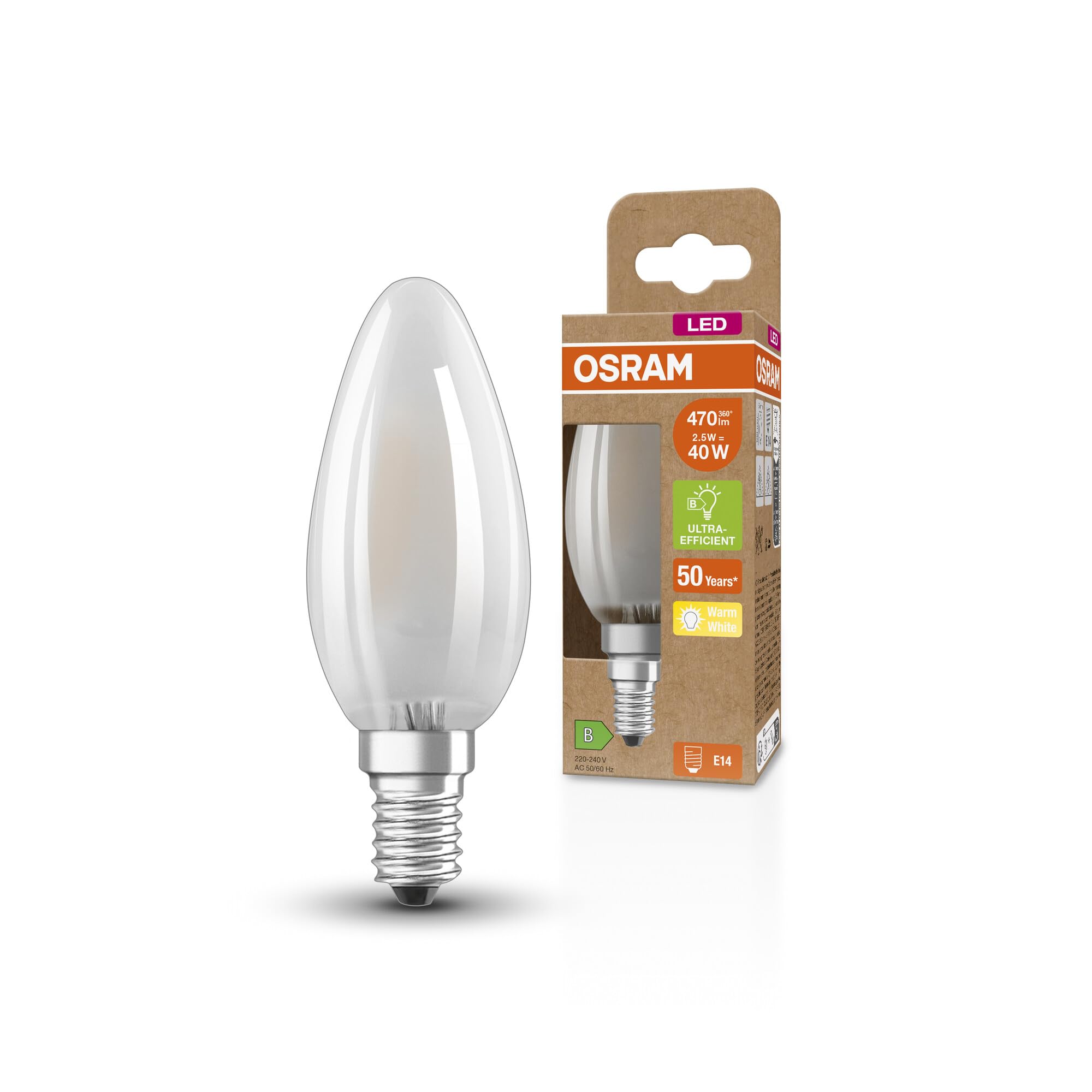 Osram Superstar + Classic B GLFR 40 LED lampe, E14, Ministry Form, 2,5W, 470LM, 2700K, CHARGE LUMIÈRE, TECHNOLOGIE DE FILAAGE LED, Consommation très faible d'énergie, Efficacité énergétique Classe B