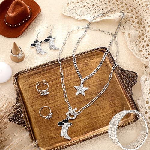 Image of Ecally Bohemian Western Jewelry Turquoise Set Women Country Pendant Long Choker Layered Bracelets Earrings Ring for Women