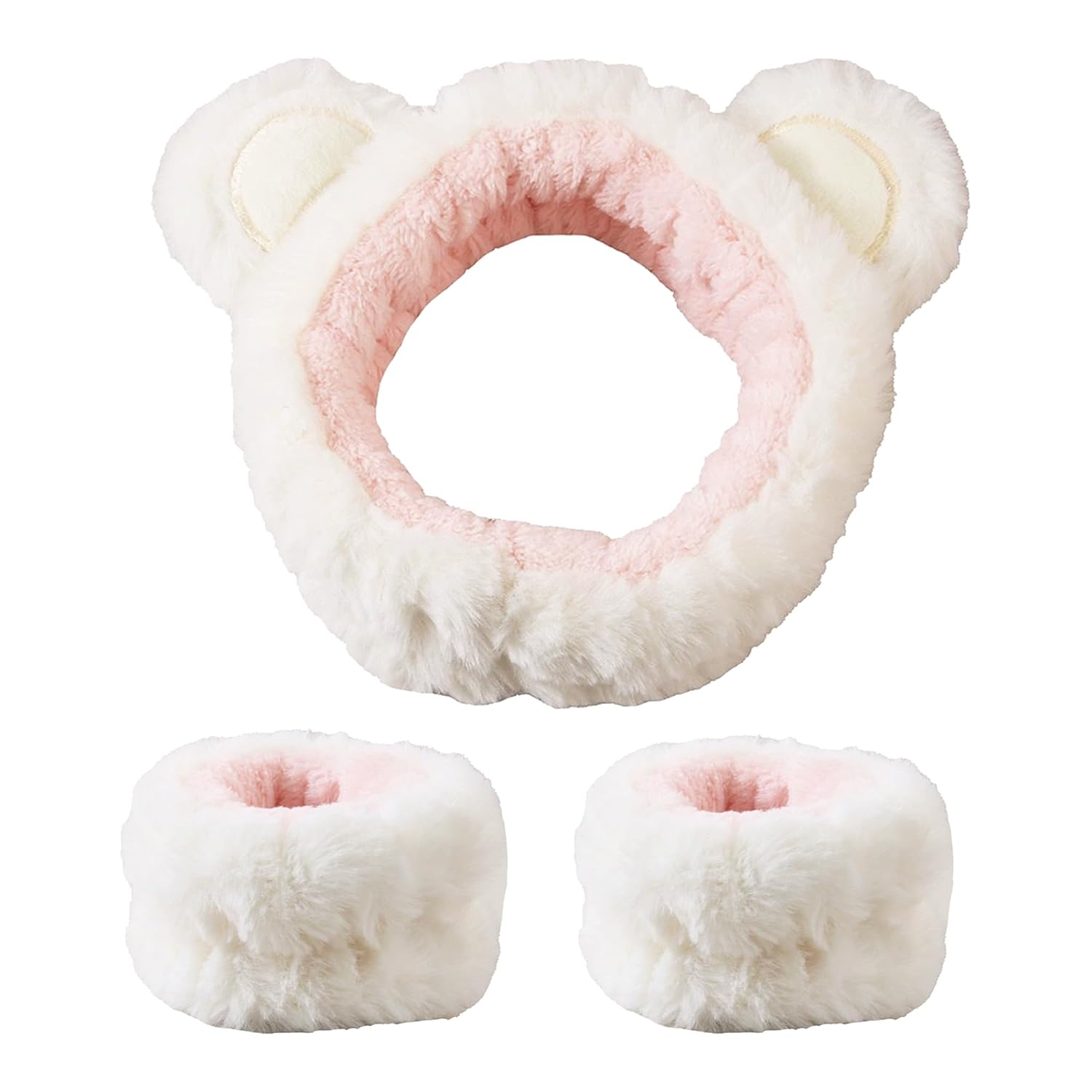 Face Wash Headband and Wristband Set, 3 Pcs Skincare Headbands and Wristband Set 1 Face Wash Headband 2 Face Wash Wristbands, Cute Animal Ears Plush Headbands for Washing Face (White Bear, 1)