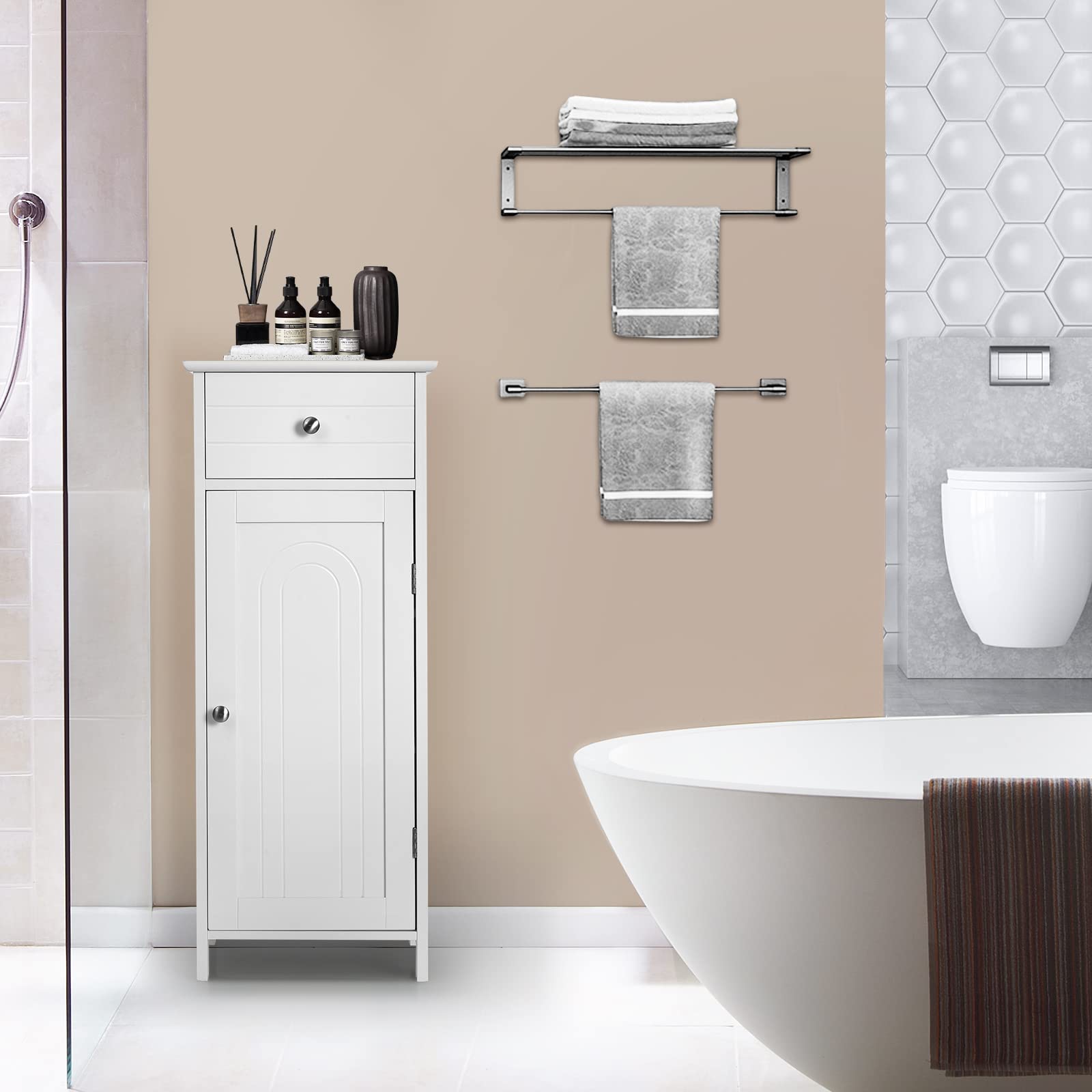 LIFEZEAL Mobiletto Bagno Salvaspazio, Mobiletto Multiuso in Legno 35,5 x 30,5 x 88cm, Mobile Bagno con Cassetto e 1 Porta, Armadietto da Terra con Ripiani Regolabile per Cucina e Soggiorno, Bianco