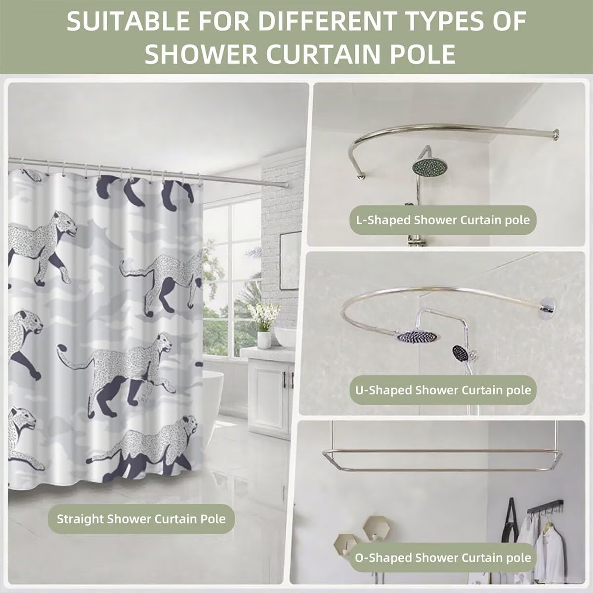 Grau Duschvorhang 240x200, Duschrollo mit 12 Duschvorhang Haken, Leopard Shower Curtains Beschwerter Saum, Waschbar Polyester Stoff Wasserdicht Extra Lang für Badewanne Badezimmer, Geschenke -3173