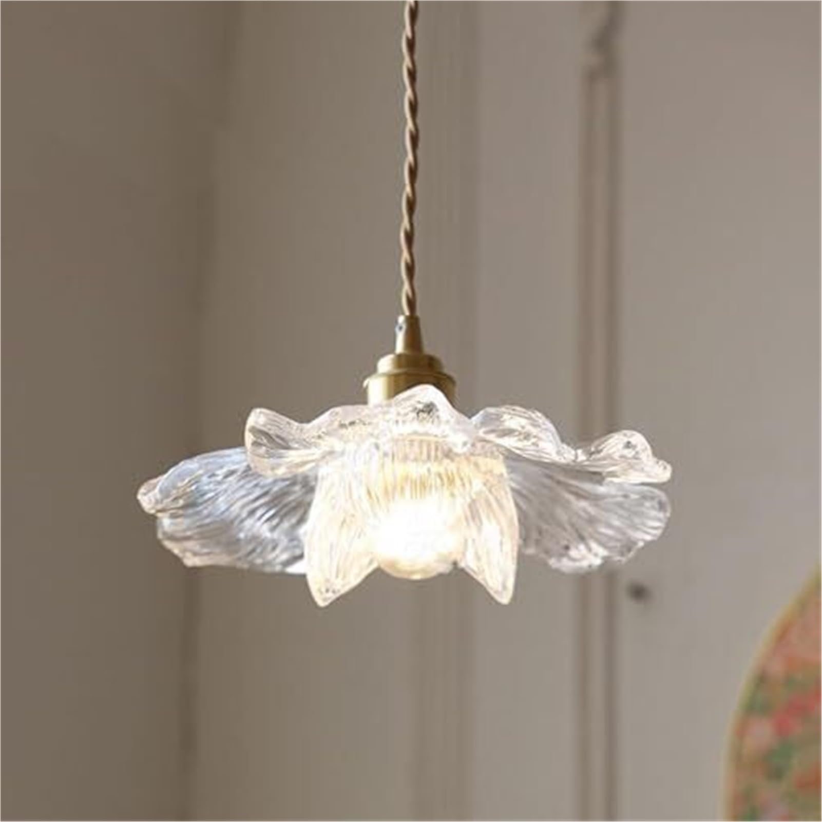 KBUUKYYXouy Clear Glass Brass Petal Adjustable Height Pendant Lamp Chandelier Hanging Lighting Ceiling Fixture E27 Scandinavian for Bedroom Kitchen Island Study Modern Classic(A)