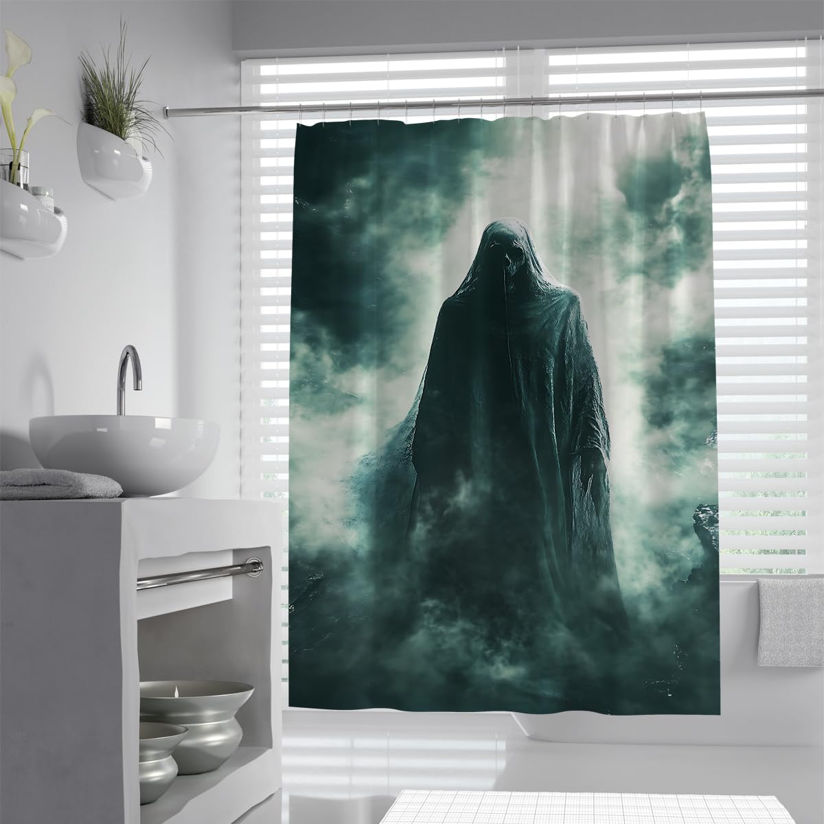 Uiringart Shower Curtains Scary Ghost Cloak Shower Curtain W90xl180cm Horror Dark Silhouette Rustproof Grommets Washable Fabric Bathroom Curtains With Hooks
