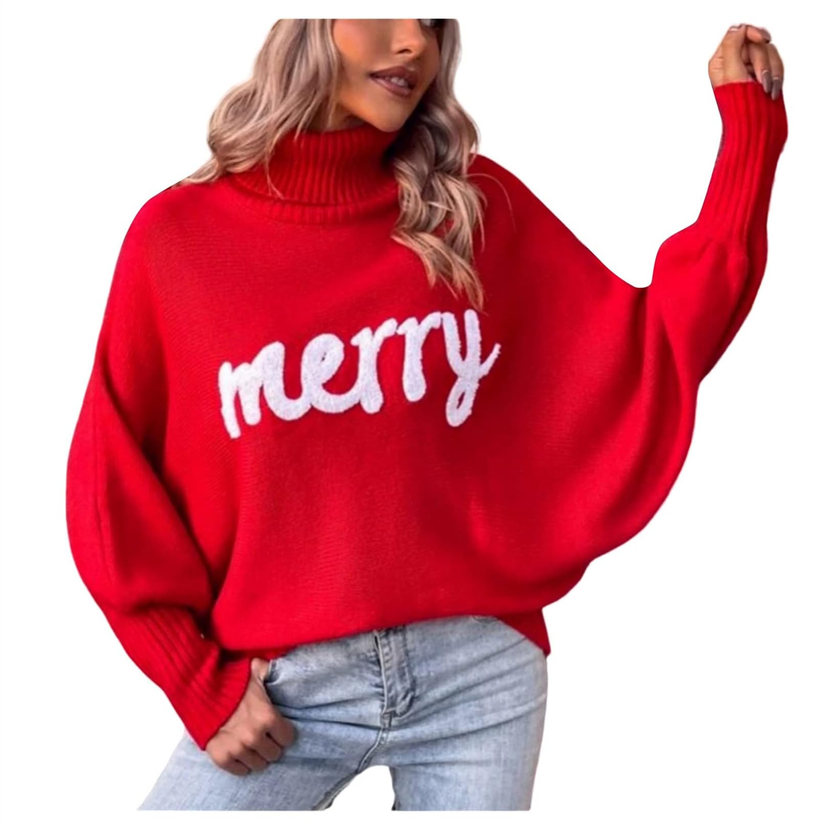Tenopuli Women Merry Christmas Sweater Turtleneck Christmas Knit Pullover Letter Print Batwing Sleeve Knitted Sweatshirt